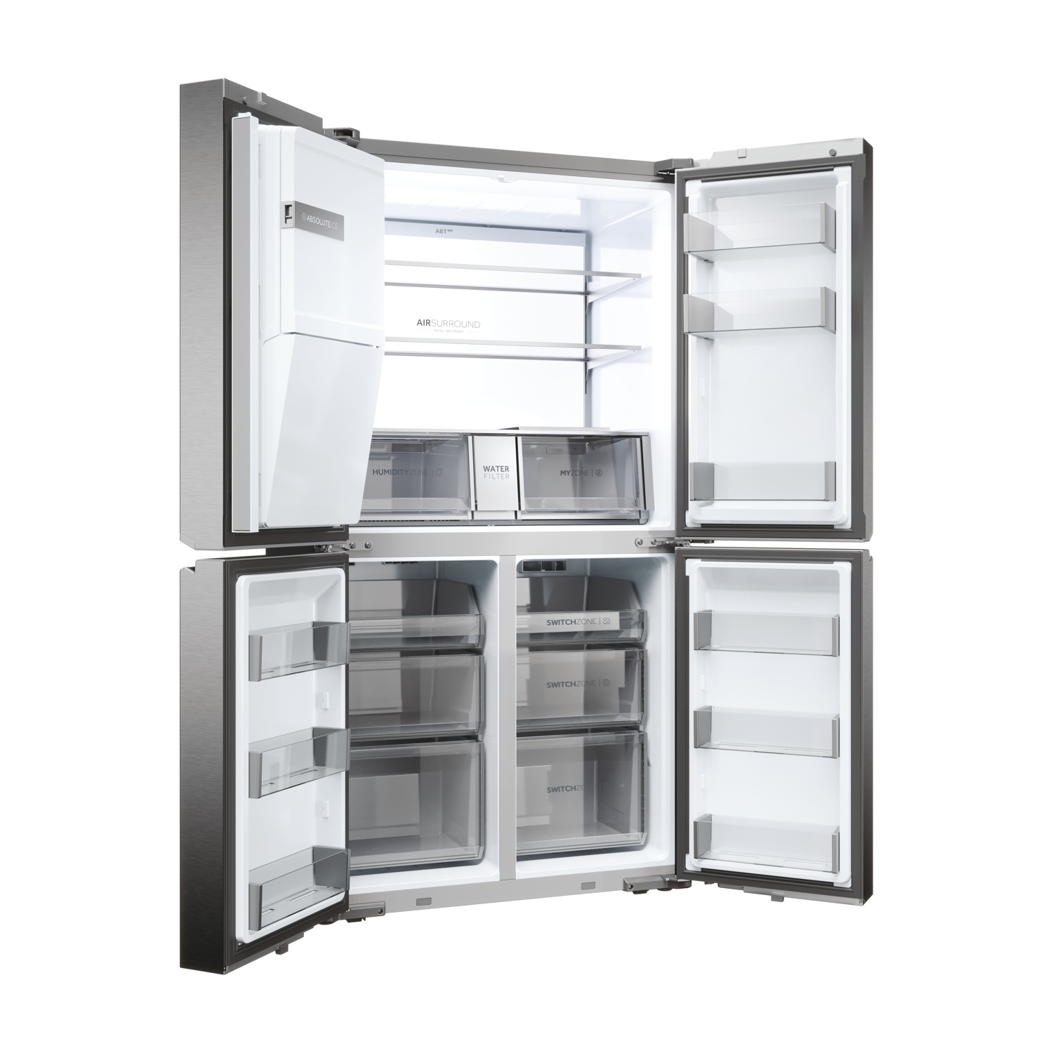 Frigorifero in acciaio inox aperto con ante multiple che rivelano ripiani, cassetti e illuminazione interna. Etichette 'Air Surround' e 'My Zone'.
