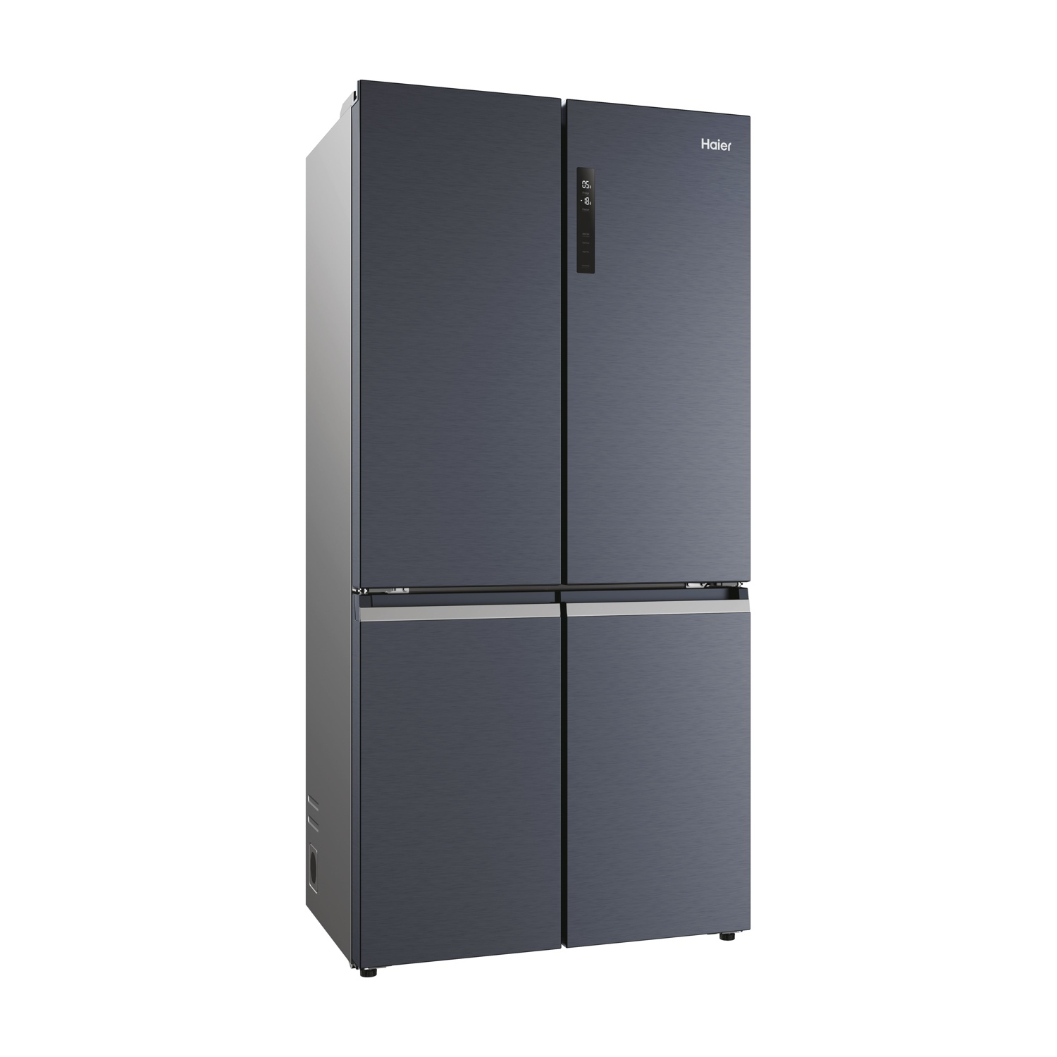Un frigorifero Haier blu scuro con quattro porte su sfondo bianco. Ha un display digitale e maniglie argentate.