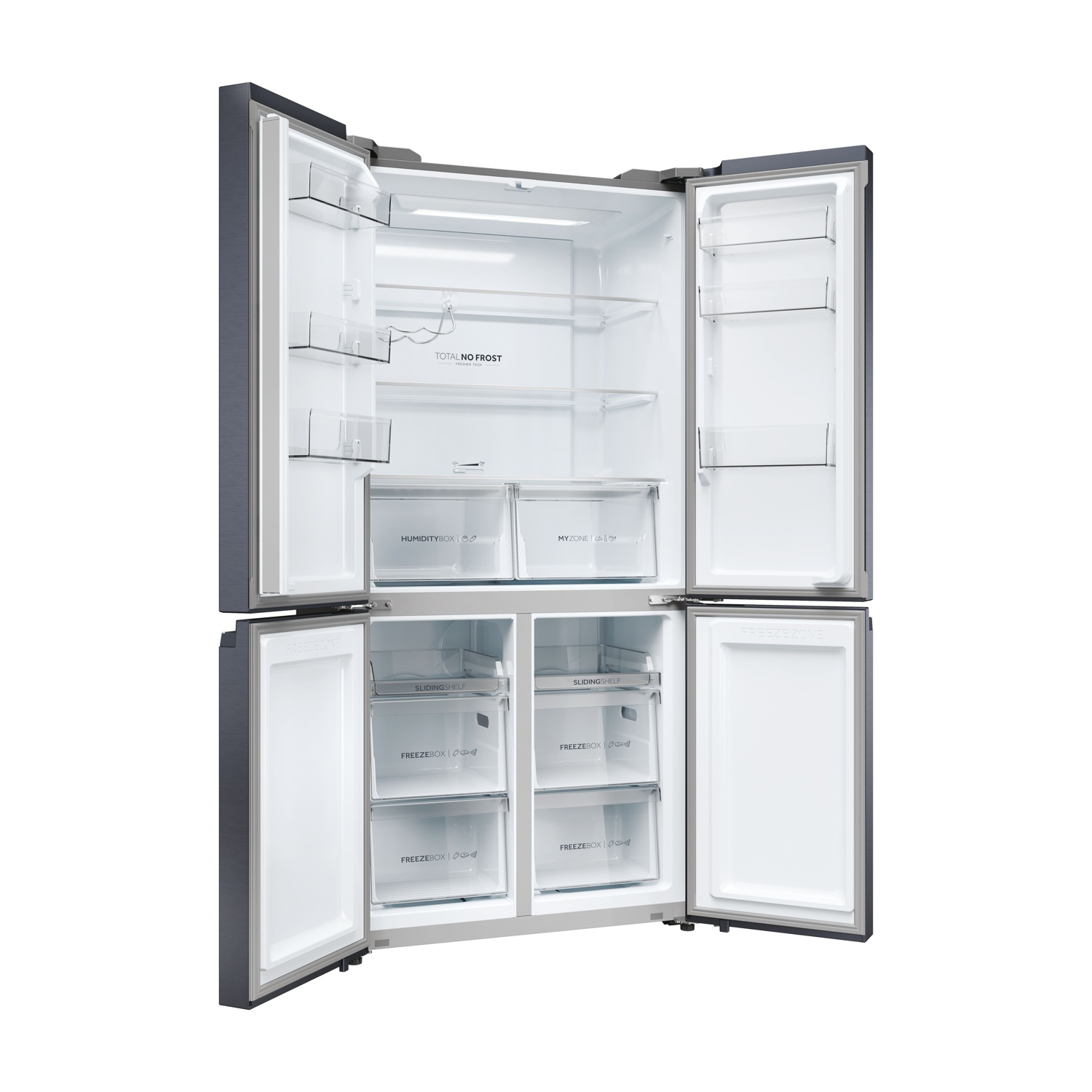 Frigorifero aperto, quattro porte. All'interno, ripiani, cassetti e vani portaoggetti. Esterno grigio, interno bianco. Vuoto, pronto all'uso.