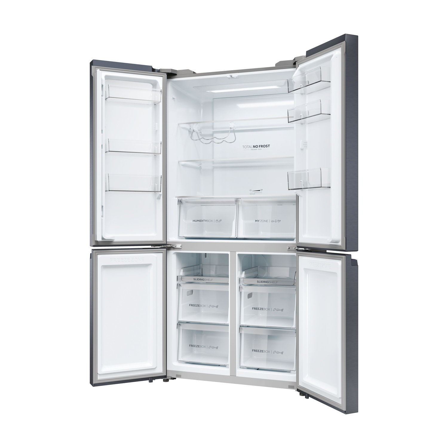 Frigorifero aperto che mostra più scomparti. Include ripiani, cassetti e sezioni etichettate come 'Humidity Box' e 'Freezer Box'.