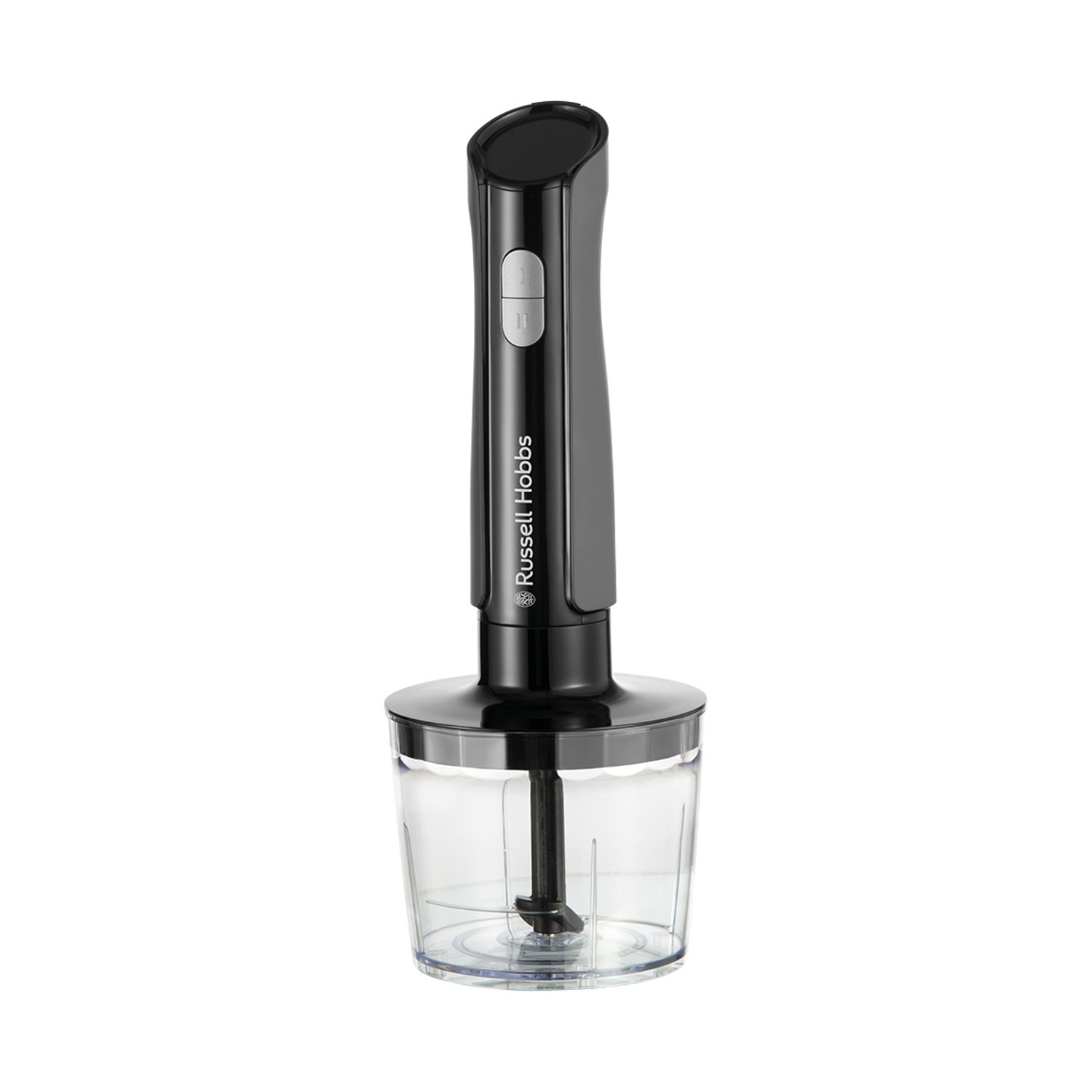 Un frullatore a immersione Russell Hobbs nero con una tazza di miscelazione trasparente. Il frullatore ha pulsanti e il marchio.