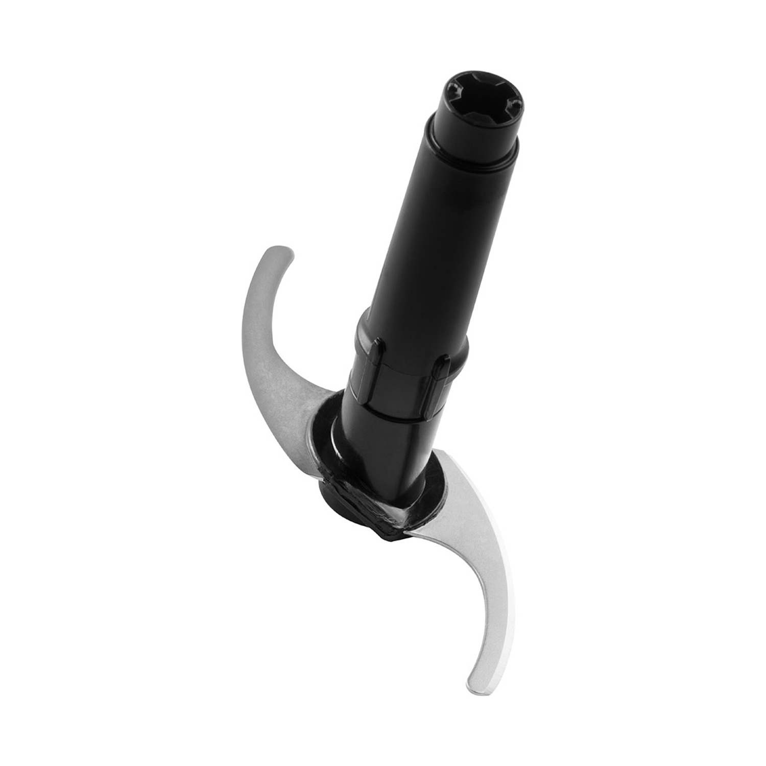 Un gruppo lame per robot da cucina. Ha un manico in plastica nera e due lame curve color argento. Lo sfondo è bianco.