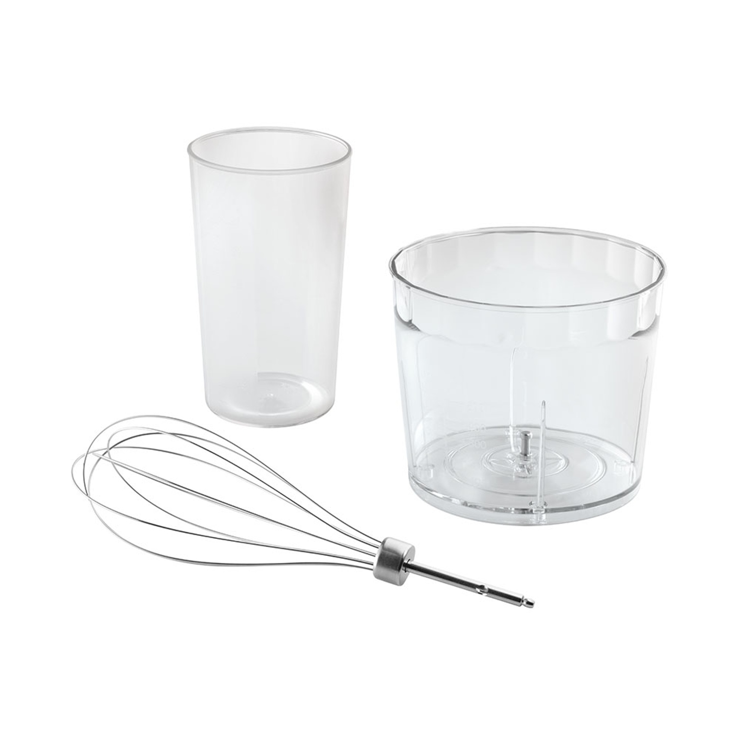 L'immagine mostra un set di frullatore in plastica trasparente. Include un bicchiere alto, una ciotola e una frusta.