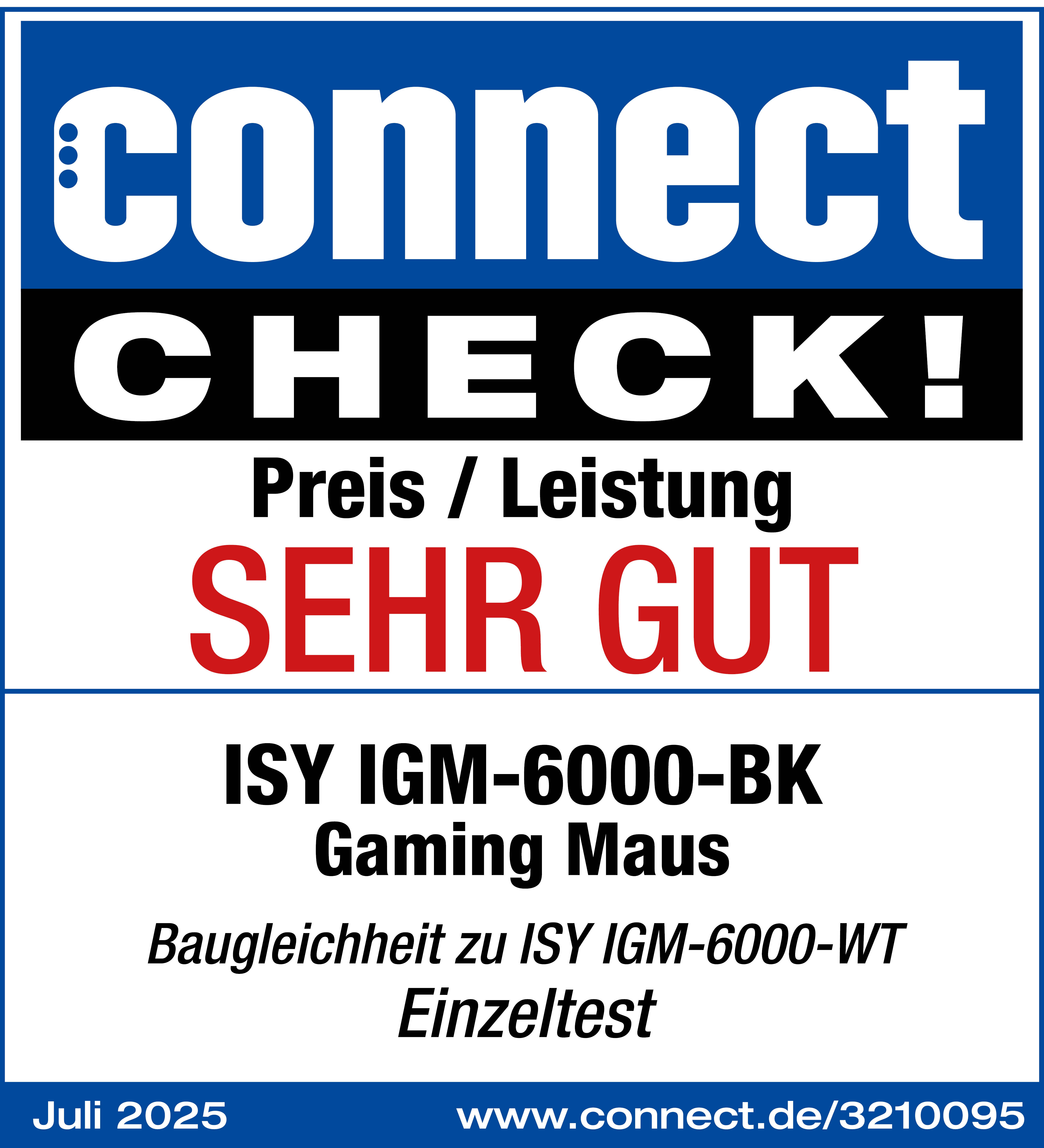 Plakat mit 'connect CHECK!' und 'SEHR GUT' in Rot. Details für eine Gaming-Maus sind ebenfalls vorhanden.
