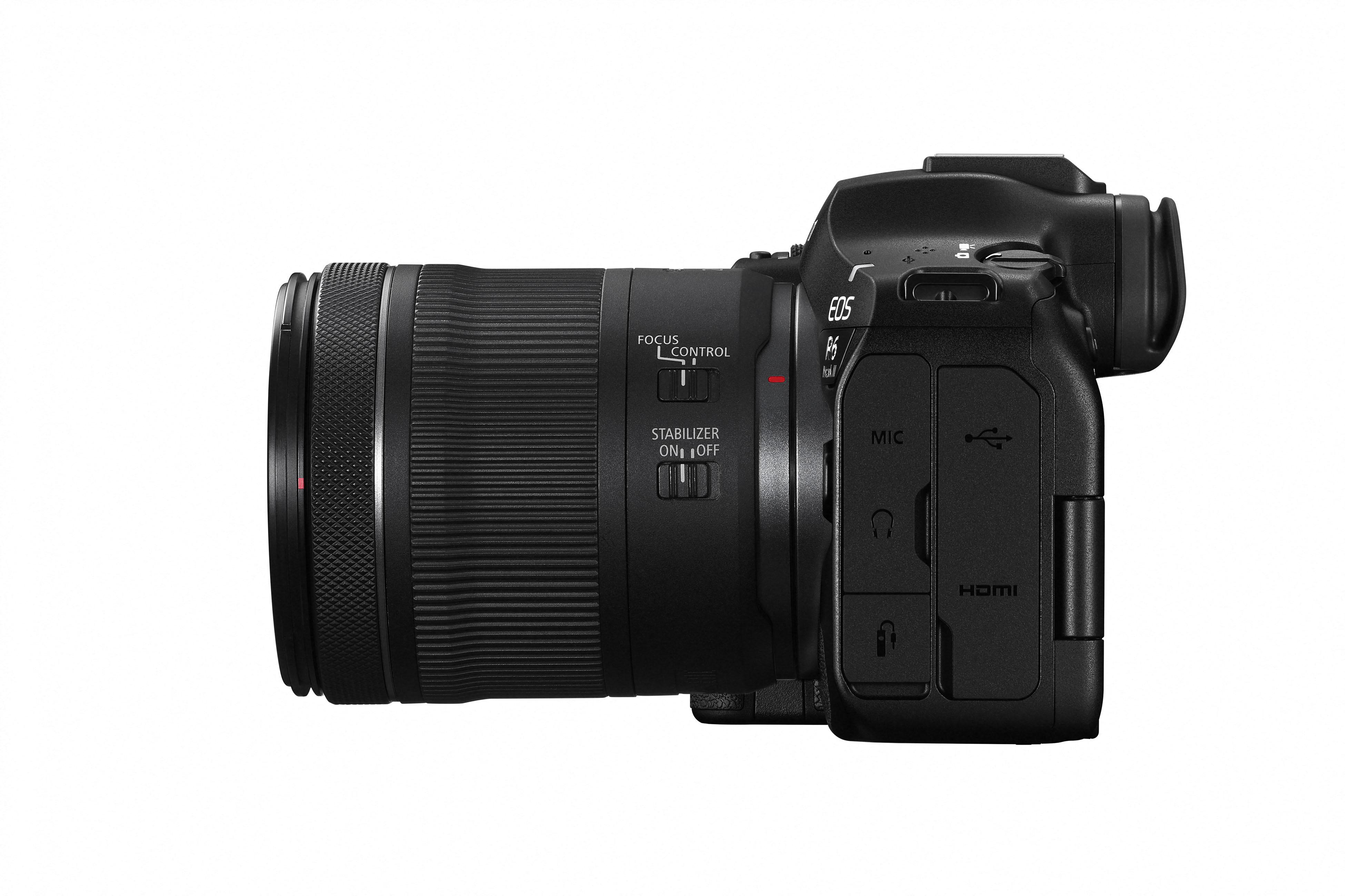 Schwarze Canon EOS R6 Kamera mit Objektiv. Fokus- und Stabilisierungsregler sichtbar. HDMI- und Mikrofonanschlüsse vorhanden.