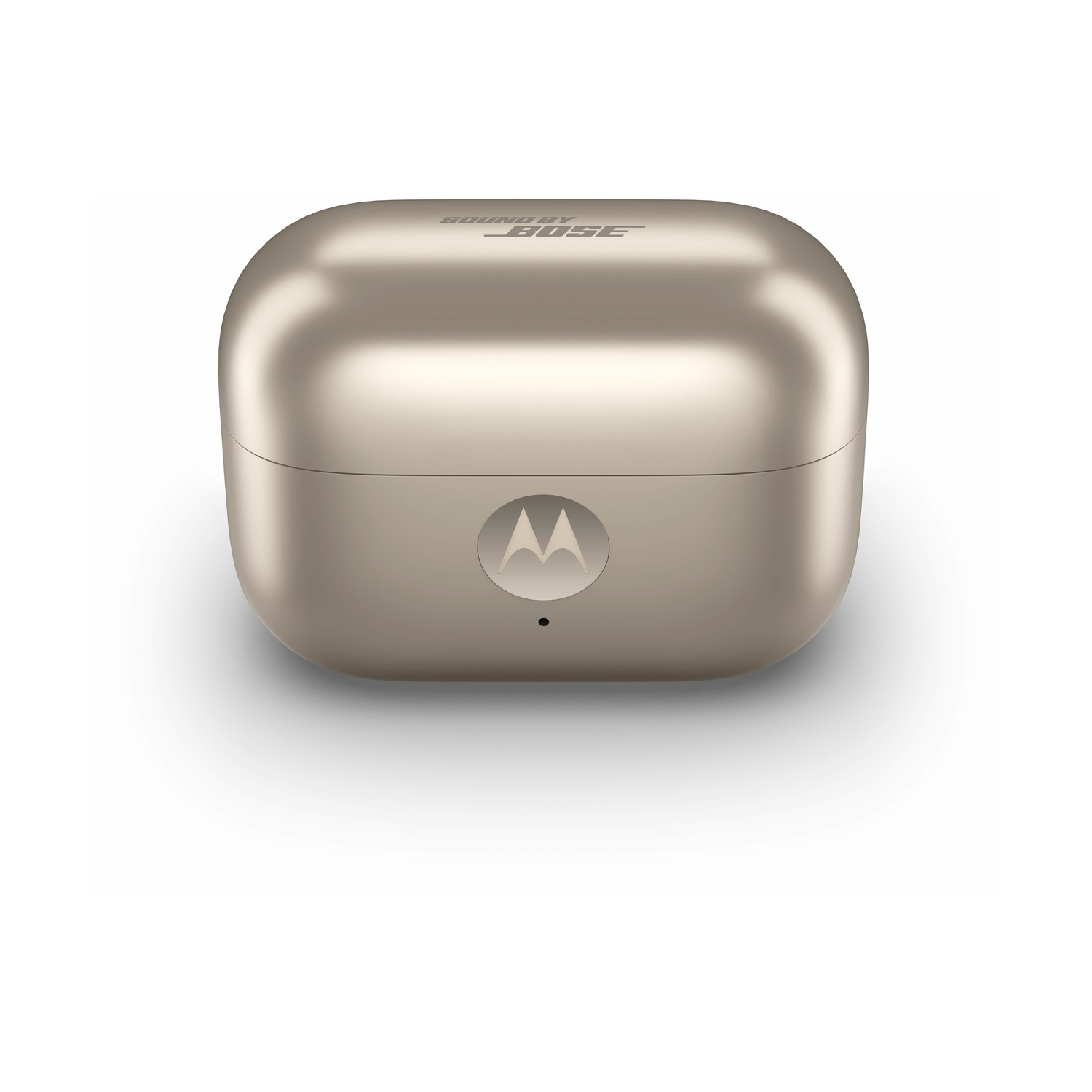 Un astuccio beige per auricolari Motorola Bose. Ha il logo Motorola e le parole 'SOUND BY BOSE' stampate sopra.
