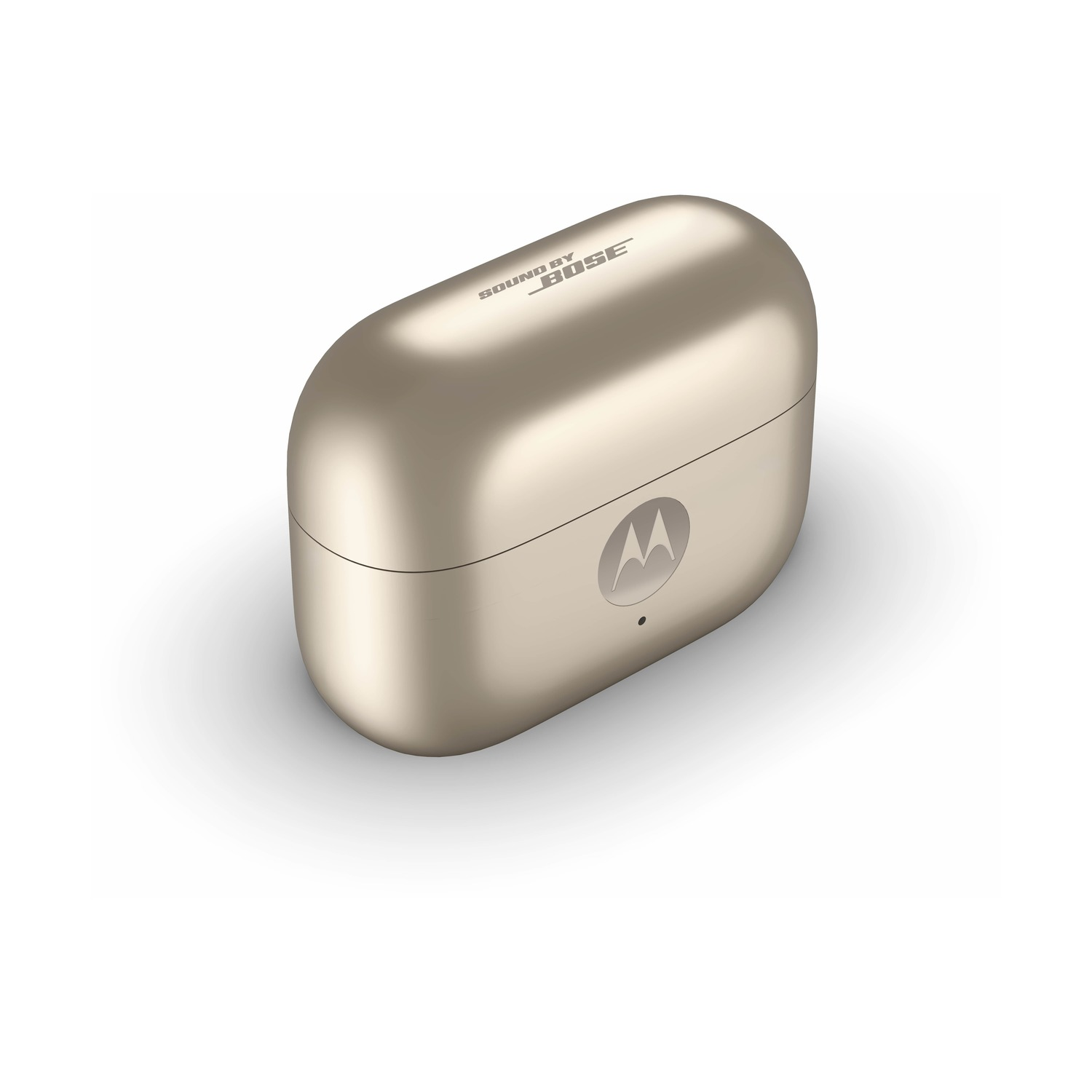 Custodia dorata per auricolari wireless. Caratteristiche: logo Motorola, marchio Bose e indicatore di carica su sfondo bianco.