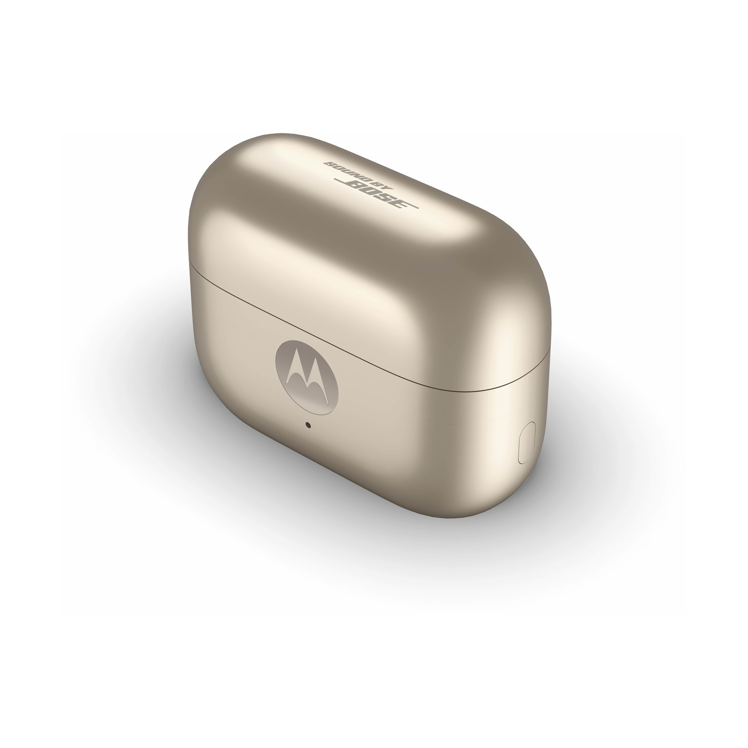 Custodia per auricolari Motorola color oro, con logo Motorola e 'sound by Bose' su sfondo bianco.