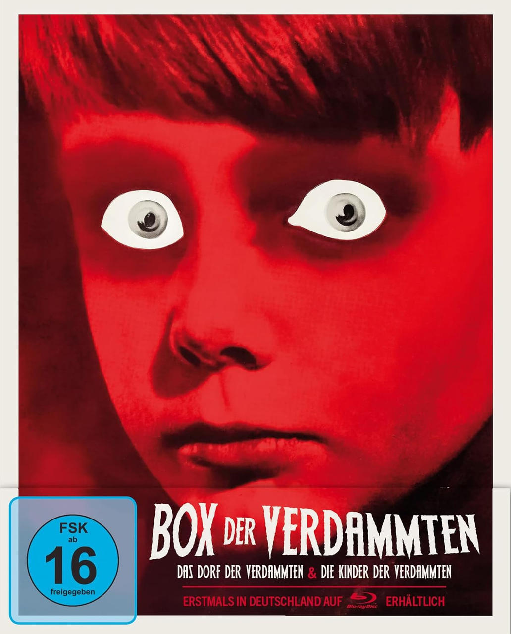 Ein rot getöntes Filmplakat zeigt das Gesicht eines Kindes mit weißen Augen. Der Text unten lautet 'Box Der Verdammten' auf Deutsch.