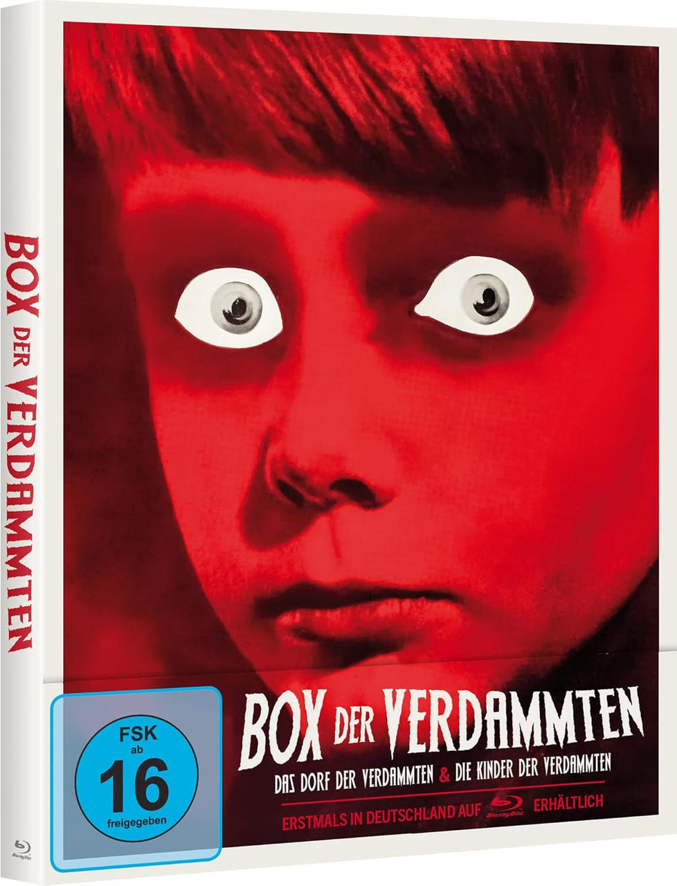 DVD-Cover. Rötliches Bild eines Kindergesichts mit großen, weißen Augen. Titel: Box der Verdammten. Bewertung: FSK ab 16.