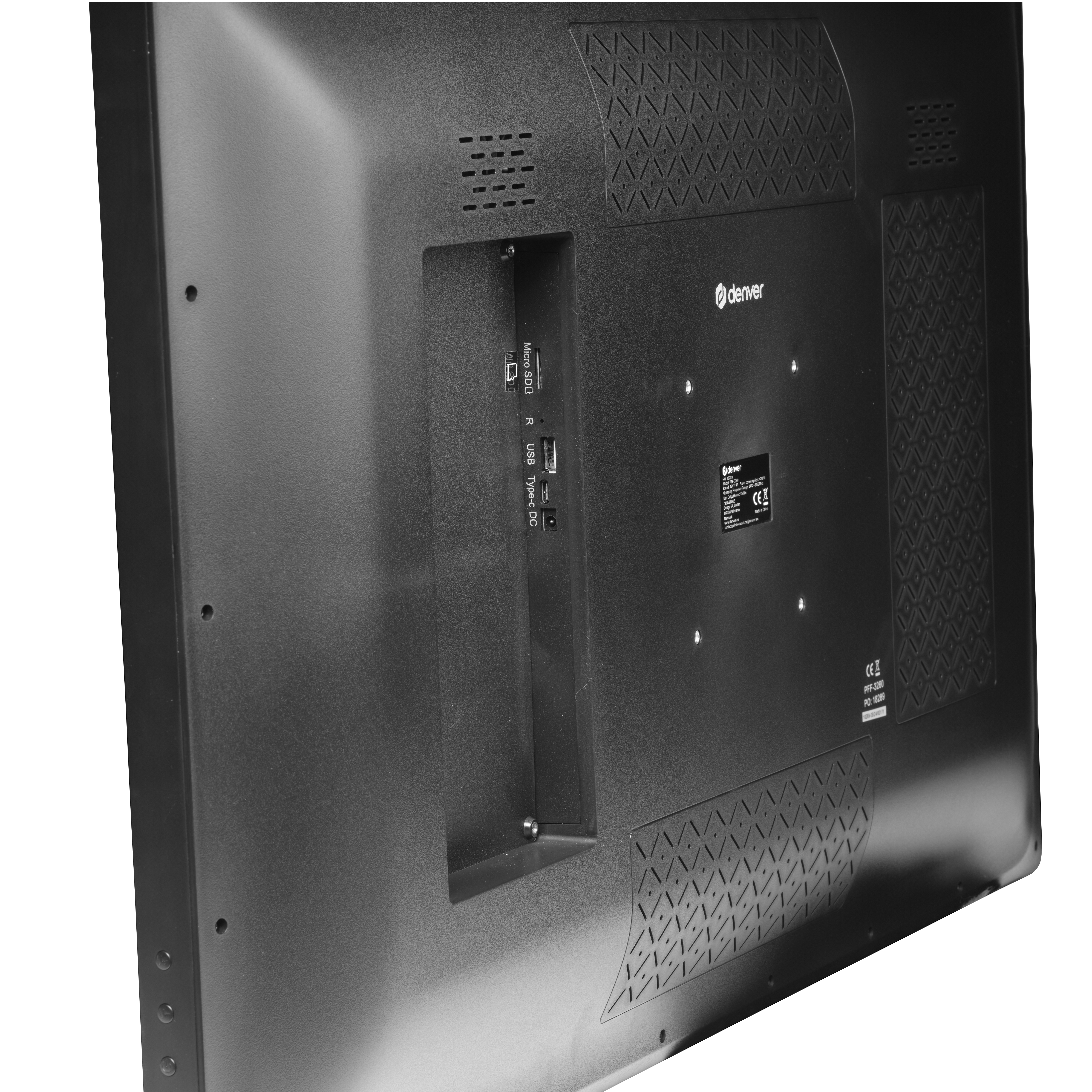 Schwarze TV-Rückseite mit Anschlüssen für Micro-SD, USB und Typ-C. Denver-Logo sichtbar. Geometrisch gemusterte Gitter und CE-Zeichen vorhanden.