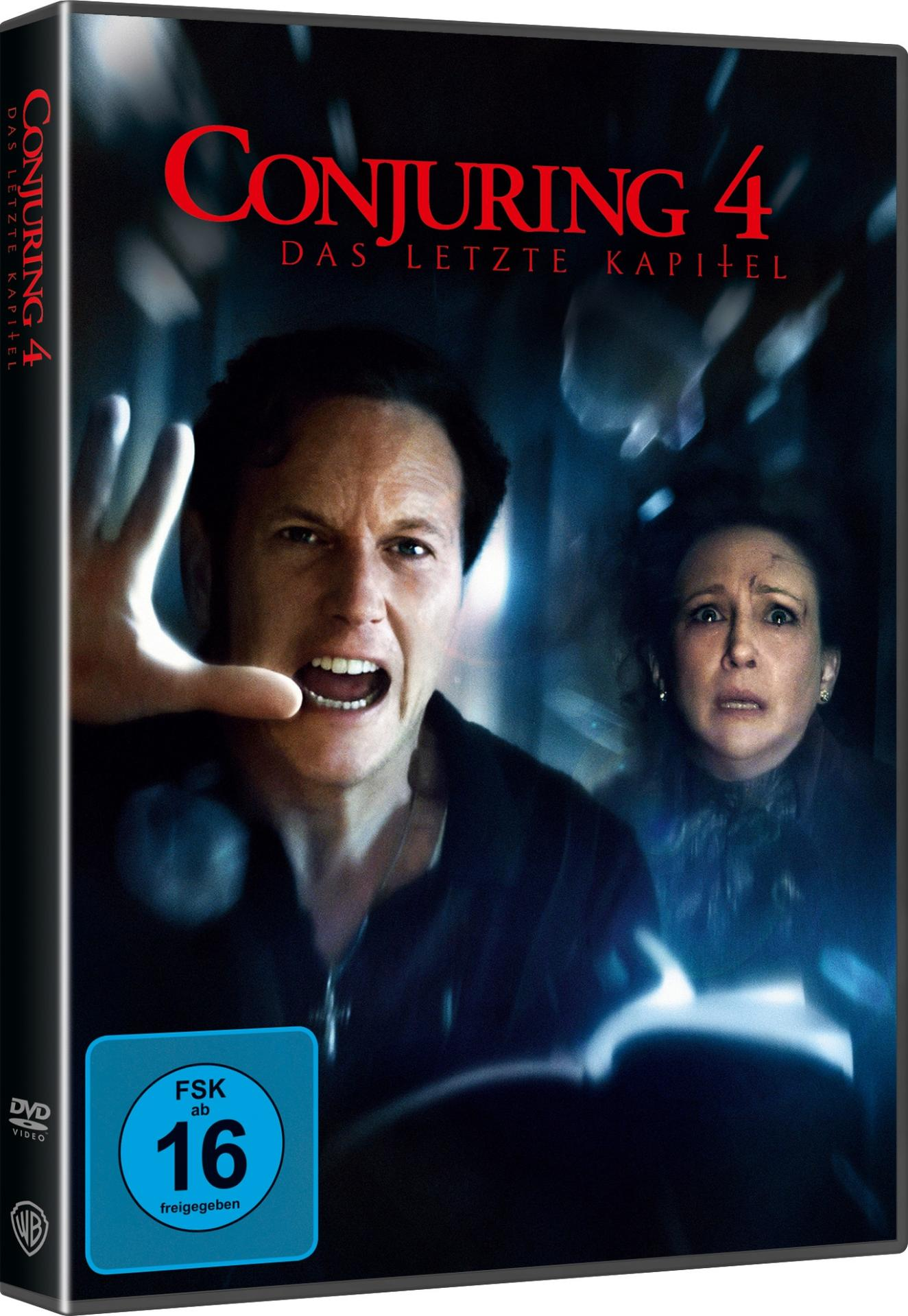 DVD-Cover für Conjuring 4. Ein Mann schreit, die Hand erhoben, mit einer Frau hinter ihm. Titel in Rot. Freigegeben ab 16.