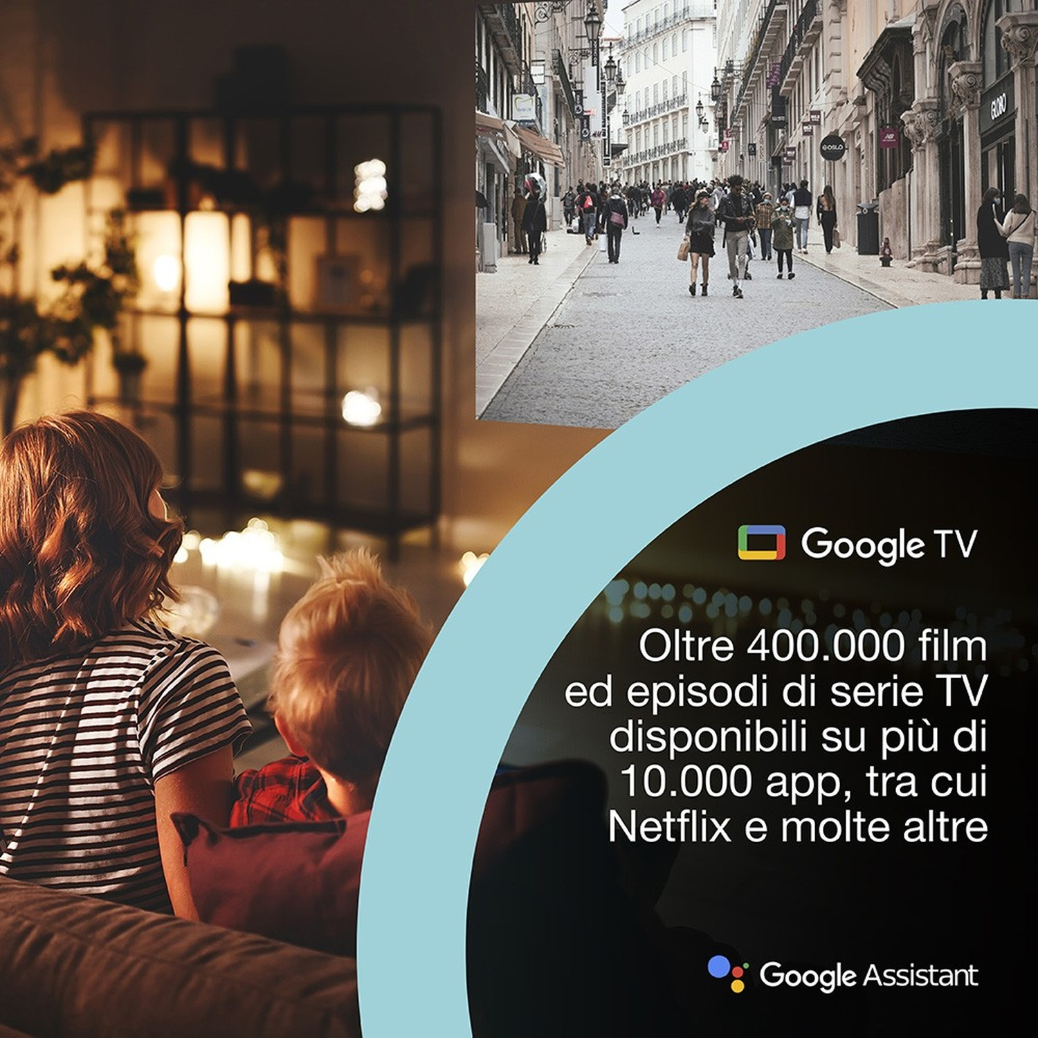 Una madre e un bambino guardano la TV. Scena di strada sullo sfondo. Il logo di Google TV è visibile.