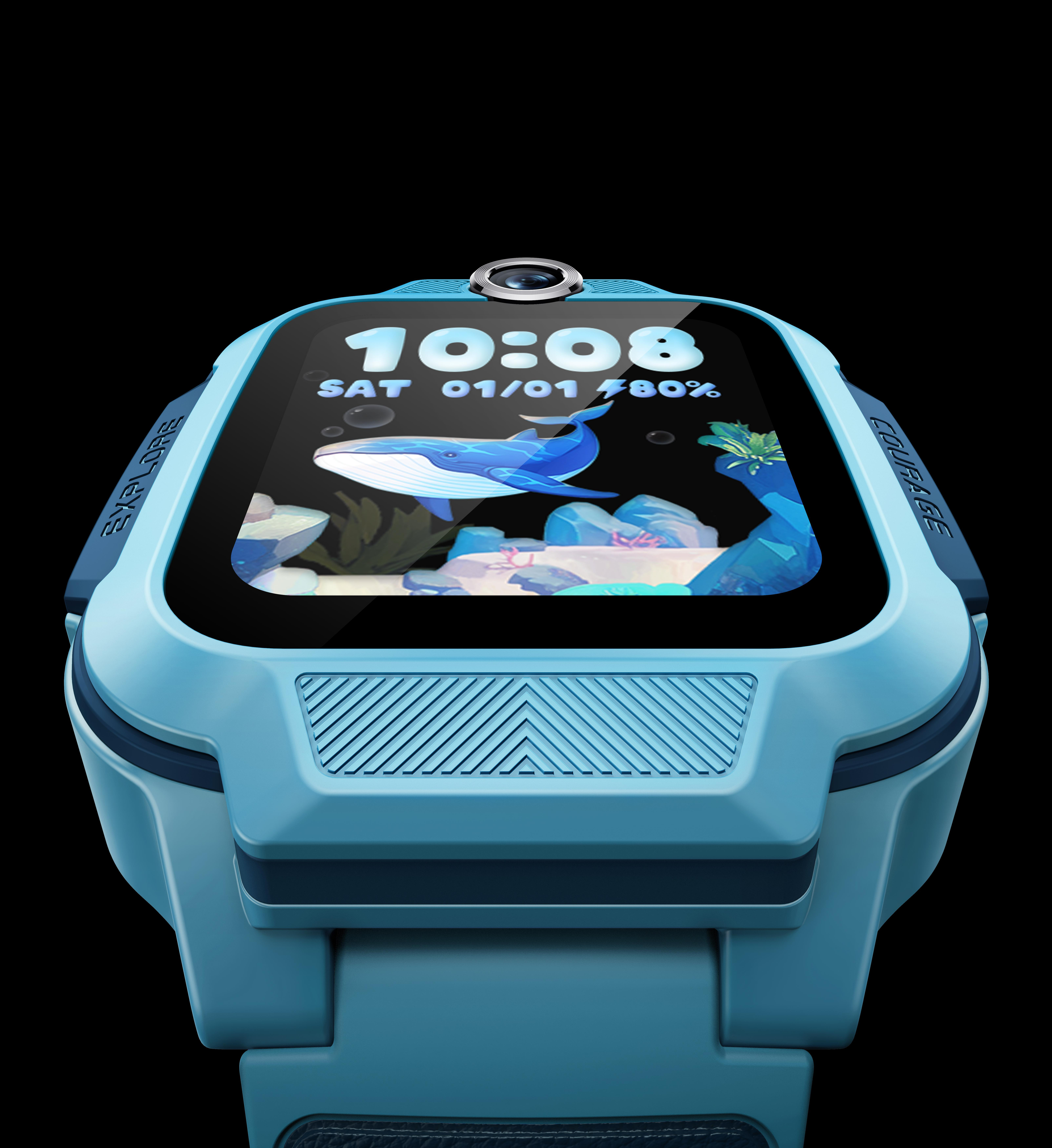 Blaue Smartwatch zeigt eine Walszene. Uhrzeit 10:08, Datum 01.01, 80 % Akku. Schwarzer Hintergrund.