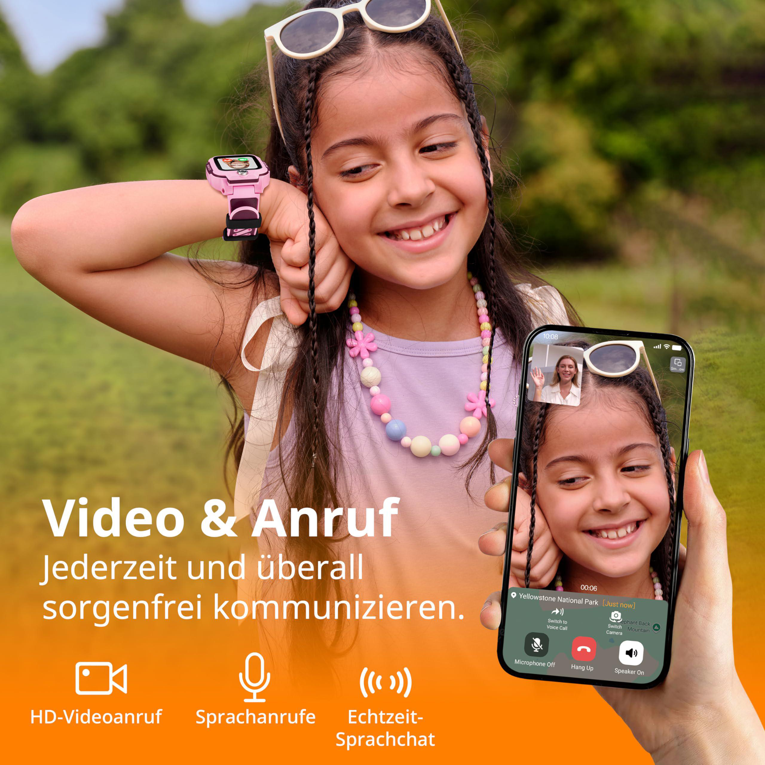 Mädchen hält Telefon beim Videoanruf. Sie trägt eine pinke Uhr und Sonnenbrille. Es gibt Text auf Deutsch.