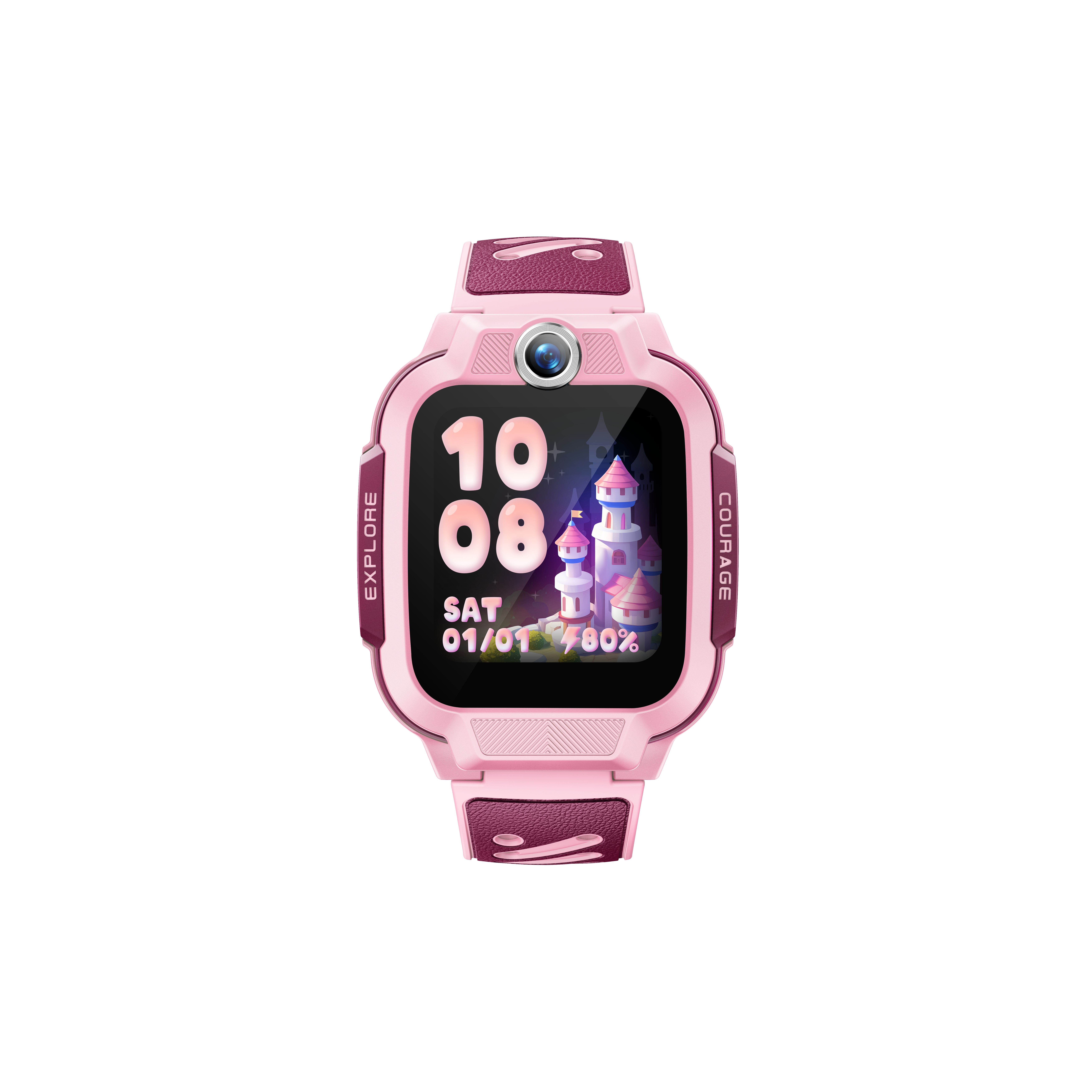 Rosa Smartwatch mit Schlossanzeige. Es zeigt Uhrzeit, Datum und Akku. Das Armband ist rosa und maroon.