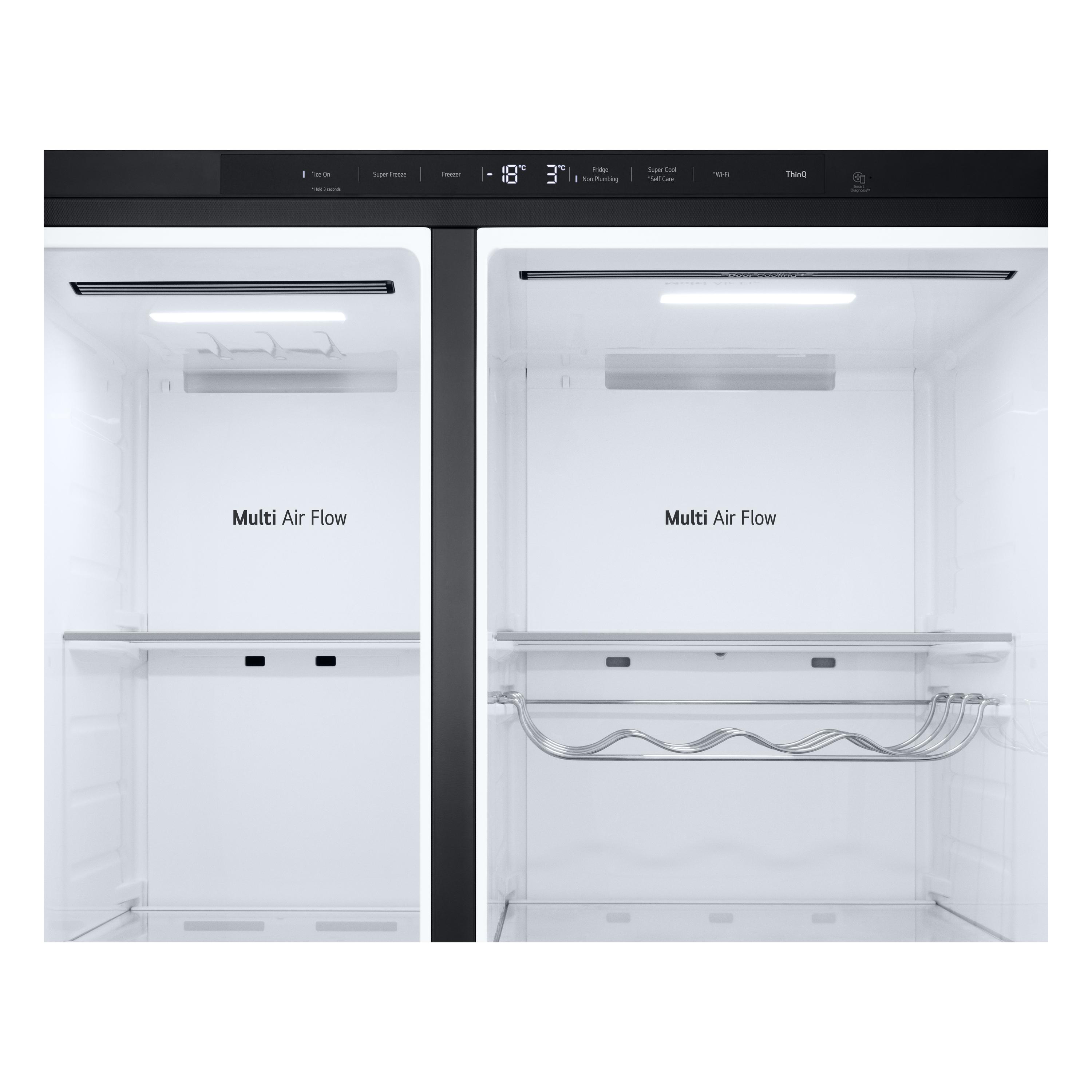 Offener Kühlschrankinnenraum mit Regalen und Weinregal. Oberes Bedienfeld zeigt Bedienelemente. Weißer Innenraum mit Multi Air Flow Text.