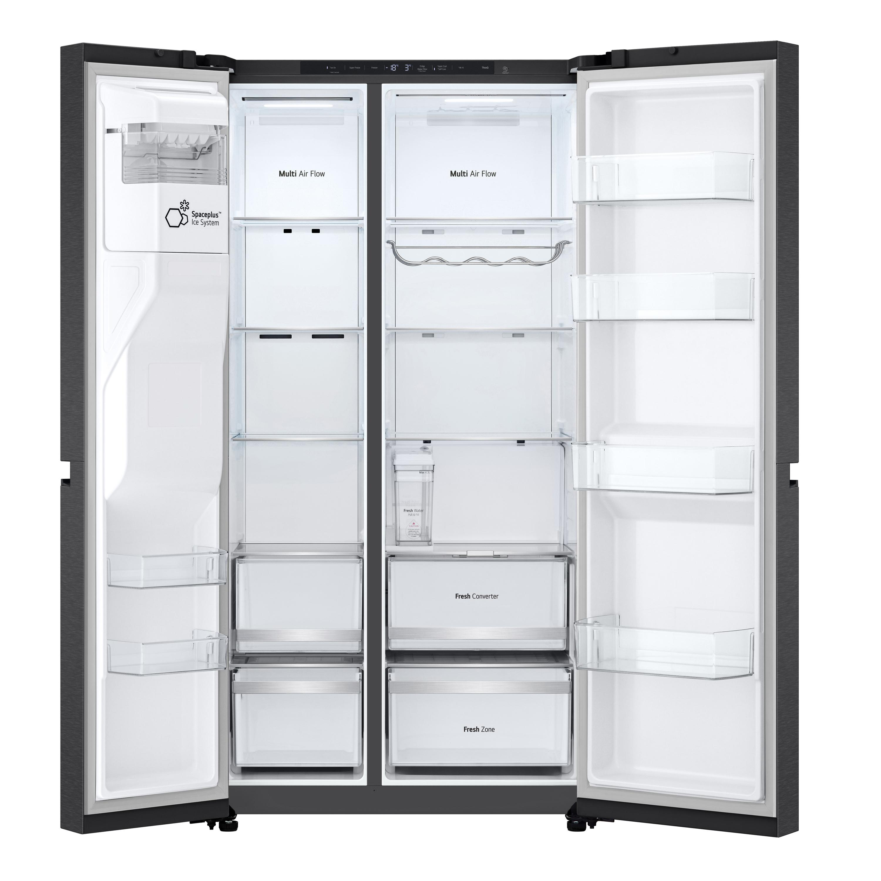 Offener Kühlschrank. Im Inneren befinden sich Regale, Schubladen, Eisbereiter und Wasserspender. Etiketten: 'Multi Air Flow', 'Fresh Zone'.