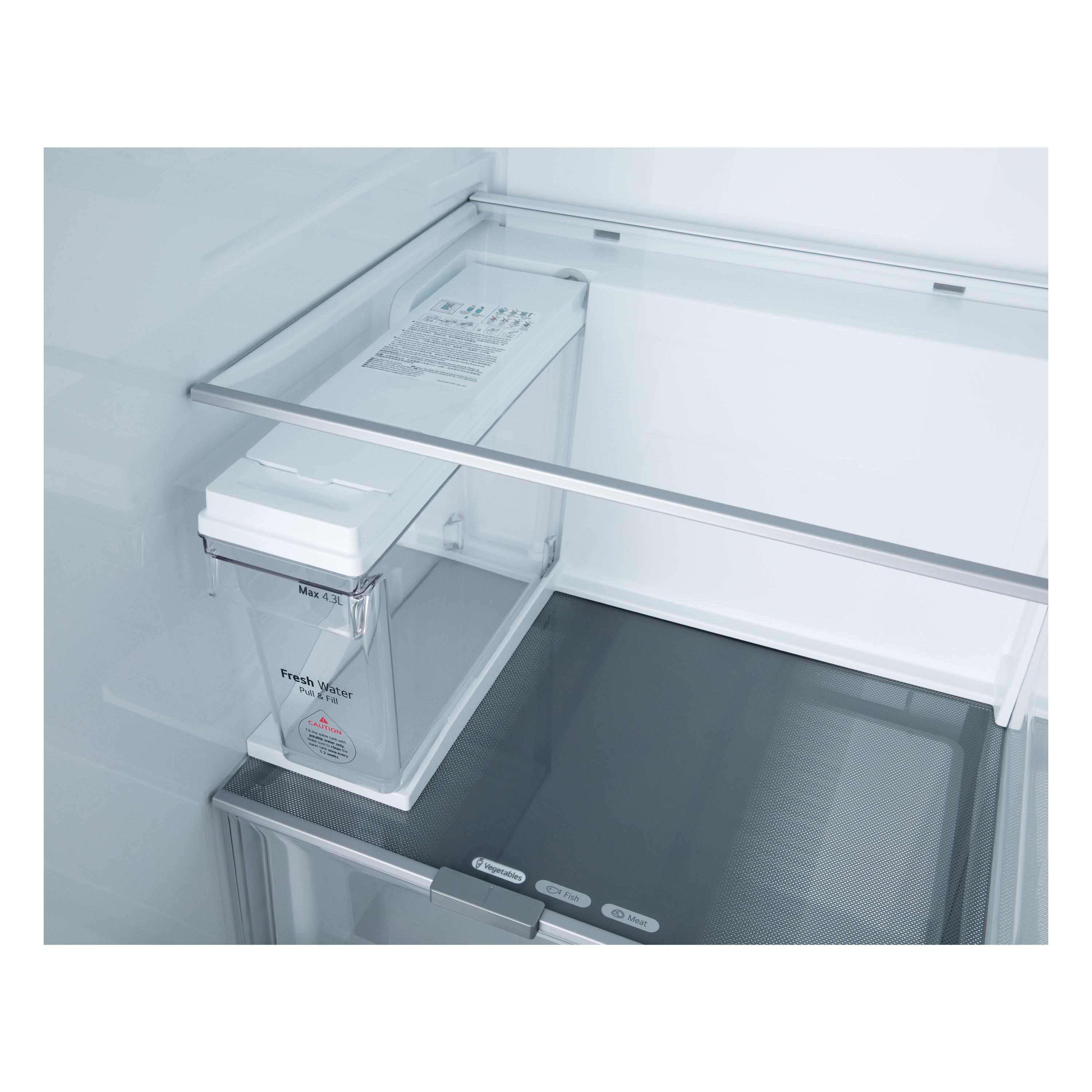 Im Kühlschrank ist ein Wassertank sichtbar. Er trägt die Aufschrift 'Frischwasser'. Darunter befinden sich Gemüse-, Fisch- und Fleischknöpfe.