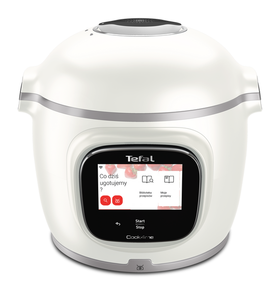 Białe urządzenie Tefal Cook4me. Posiada ekran wyświetlający opcje. Tekst na ekranie zawiera 'Co dzis ugotujemy?', 'Start' i 'Stop'.