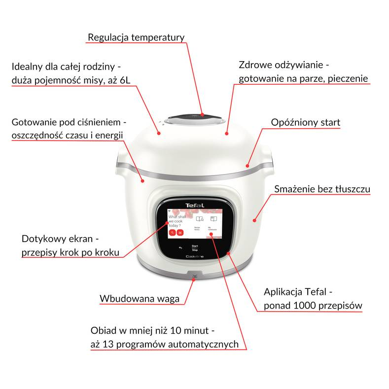 Białe urządzenie Tefal do gotowania z ekranem dotykowym. Posiada polskie teksty, podkreślające cechy takie jak zdrowe gotowanie i dostęp do aplikacji.