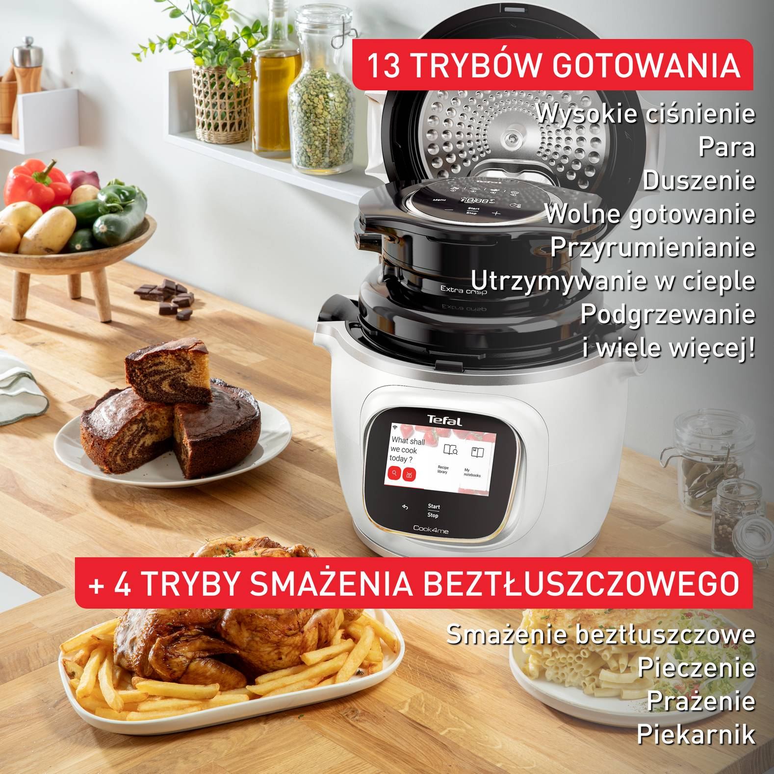 Multicooker Tefal Cook4me z jedzeniem i składnikami wokół. Wyświetlacz pokazuje opcje gotowania.