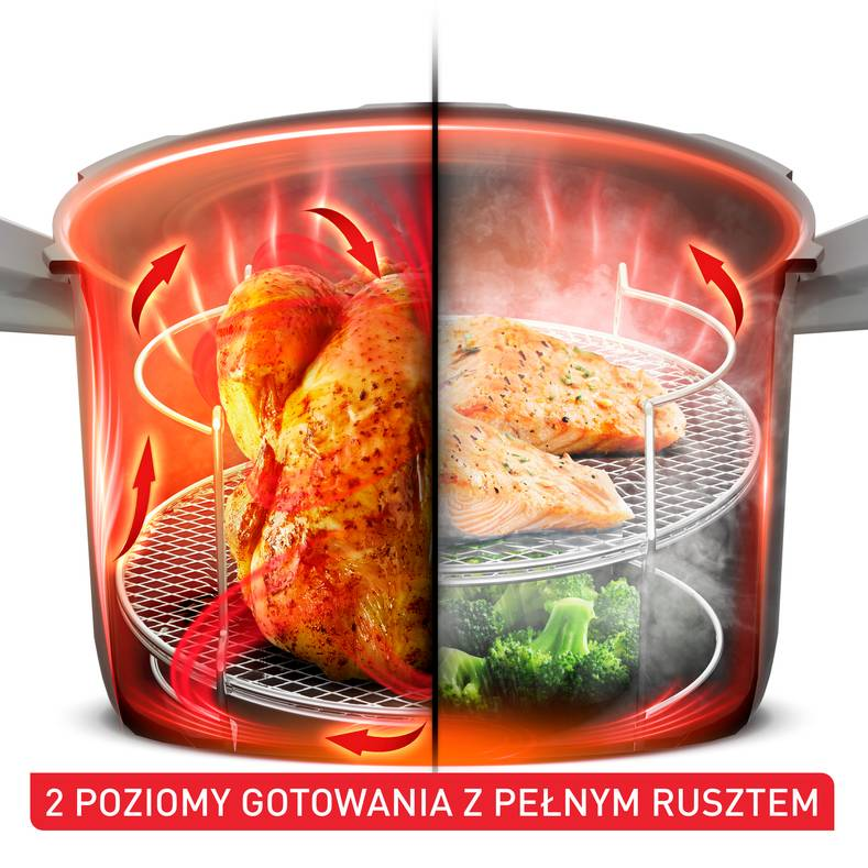 Obraz przedstawia podzielony widok frytkownicy powietrznej z kurczakiem i łososiem. Brokuły na dole. 2 poziomy.