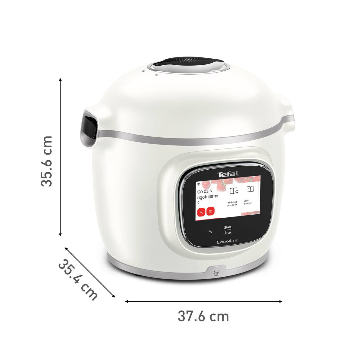 Białe urządzenie wielofunkcyjne Tefal Cook4me z cyfrowym wyświetlaczem. Wymiary są oznaczone. Wyświetlacz pokazuje opcje, np. 'Co dziś ugotujemy?'