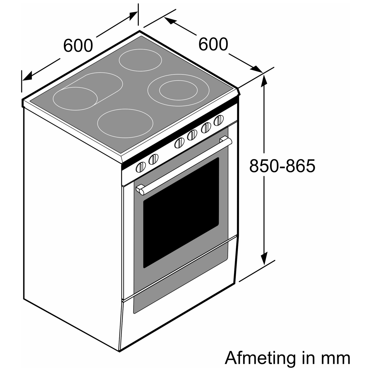 Diagram van een wit fornuis met vier branders, oven en afmetingen in mm: 600x600x850-865. De tekst "Afmeting in mm" is zichtbaar.