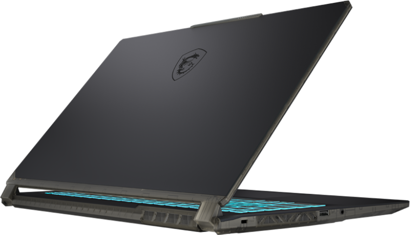 Egy fekete laptop enyhén nyitva van, a kék fényekkel világító billentyűzetet mutatja. Az MSI logó látható a fedélen.