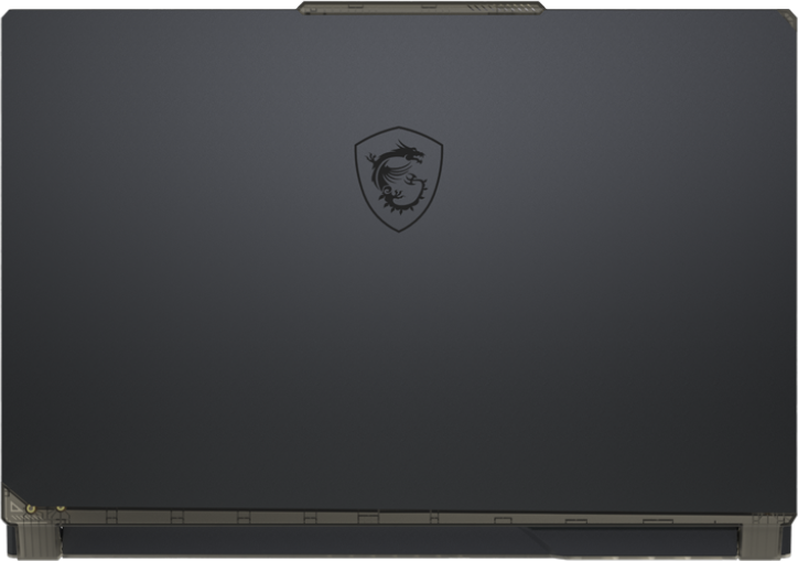 Egy zárt, sötétszürke laptop az MSI logójával középen. A tetején szellőzőnyílások és néhány dizájnelem található.