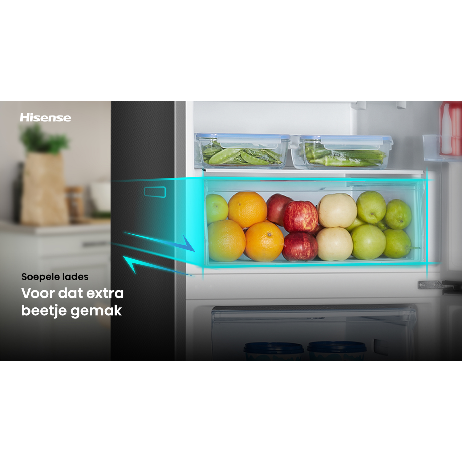 Open fridge with fruits in drawer. Oranges, apples, and green apples are visible. Background shows other shelves and Hisense logo.