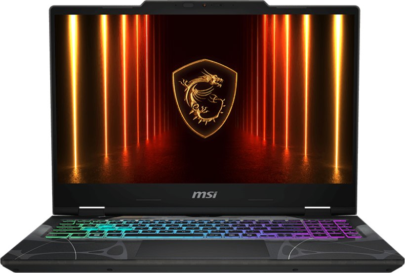 MSI laptop világító billentyűzettel. A képernyőn egy arany sárkány logó látható narancssárga és piros vonalak hátterén.