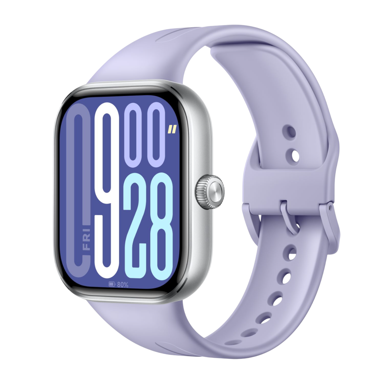 Une montre connectée lavande avec un cadre argenté affiche l'heure et le pourcentage de batterie. Le bracelet est également lavande.