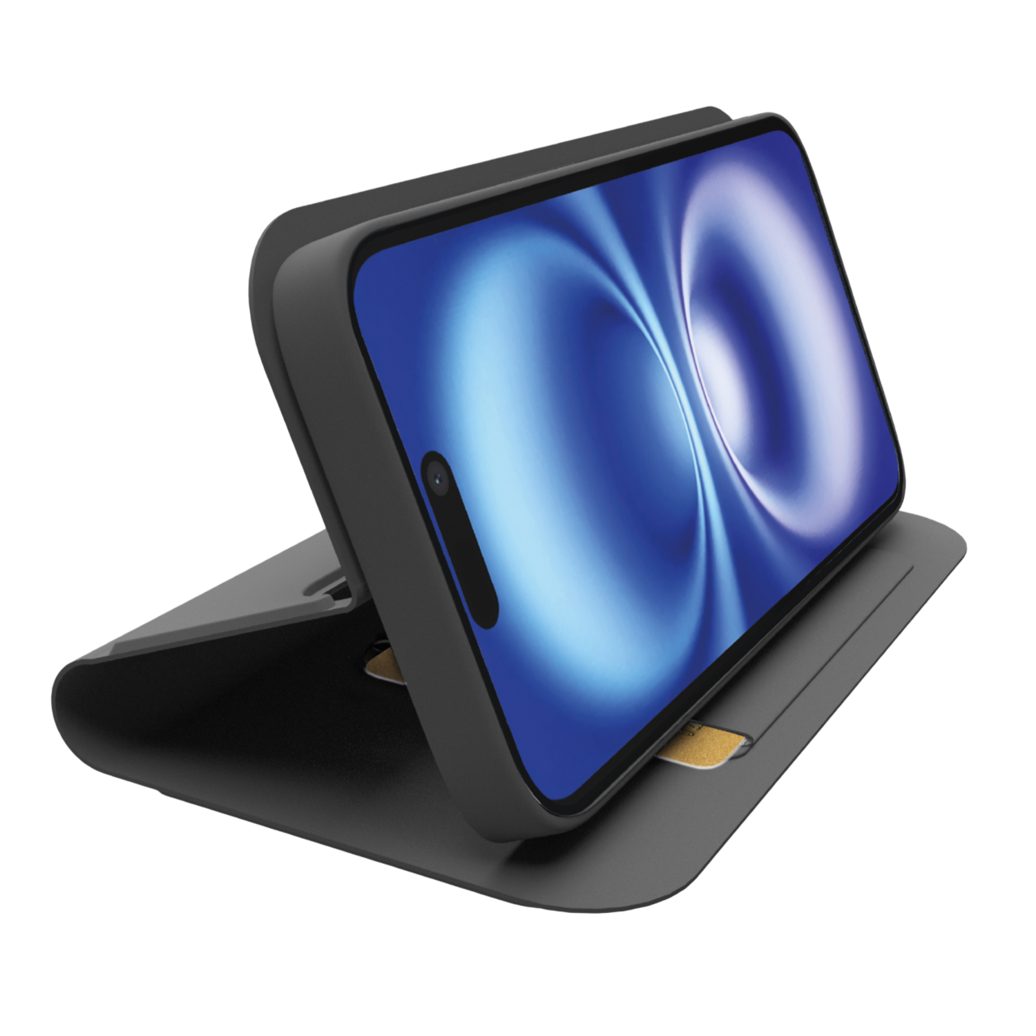 Een smartphone in een grijze hoes, open om het scherm te onthullen met een blauw en witte wervel achtergrond, en een kaart in de hoes.