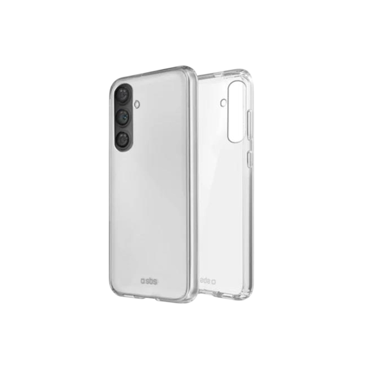 Deux coques de téléphone transparentes sur fond noir. L'une a trois trous pour l'appareil photo, l'autre un seul.