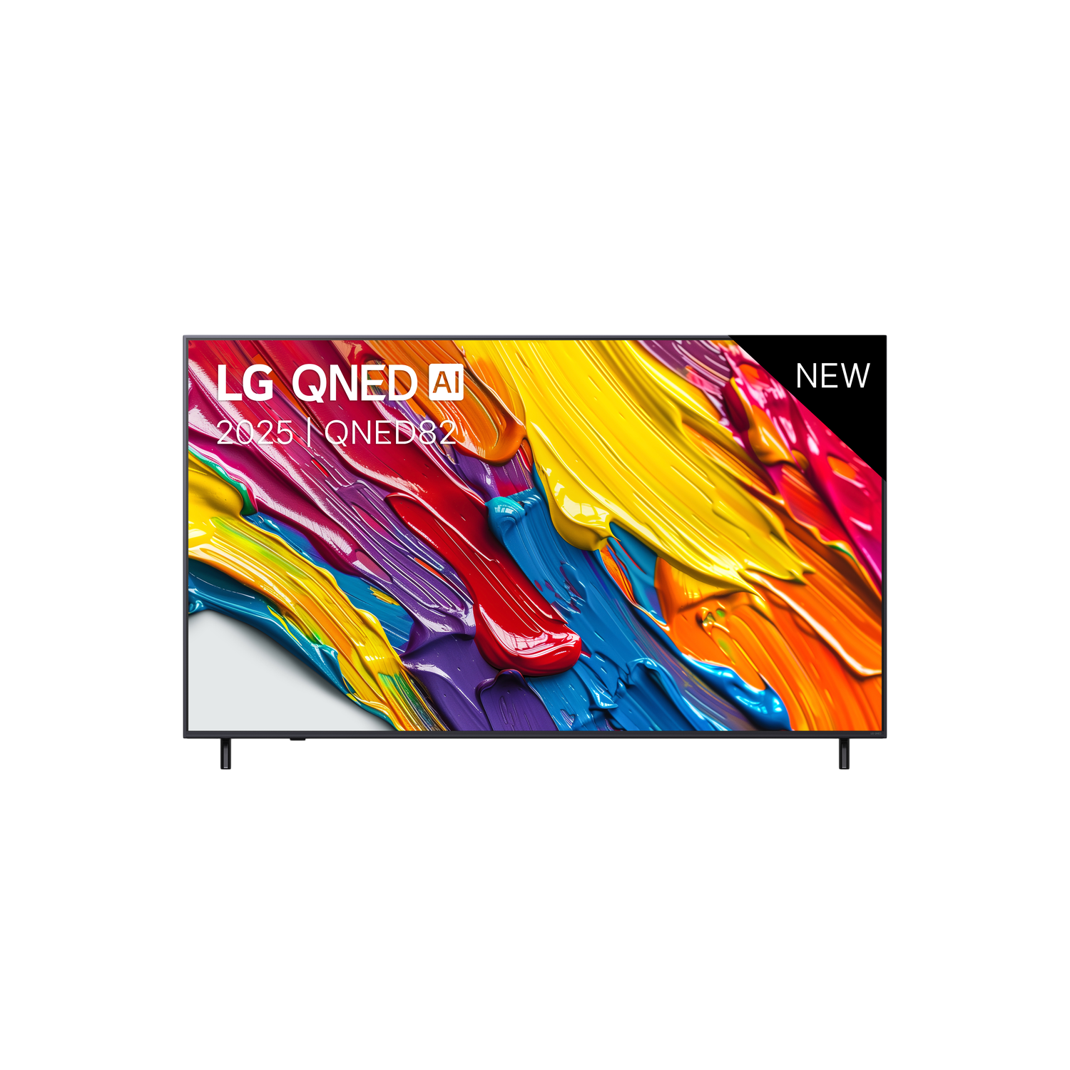 LG QNED AI tv met kleurrijke verfstreken. Het woord NIEUW staat rechtsboven. Zwarte achtergrond.