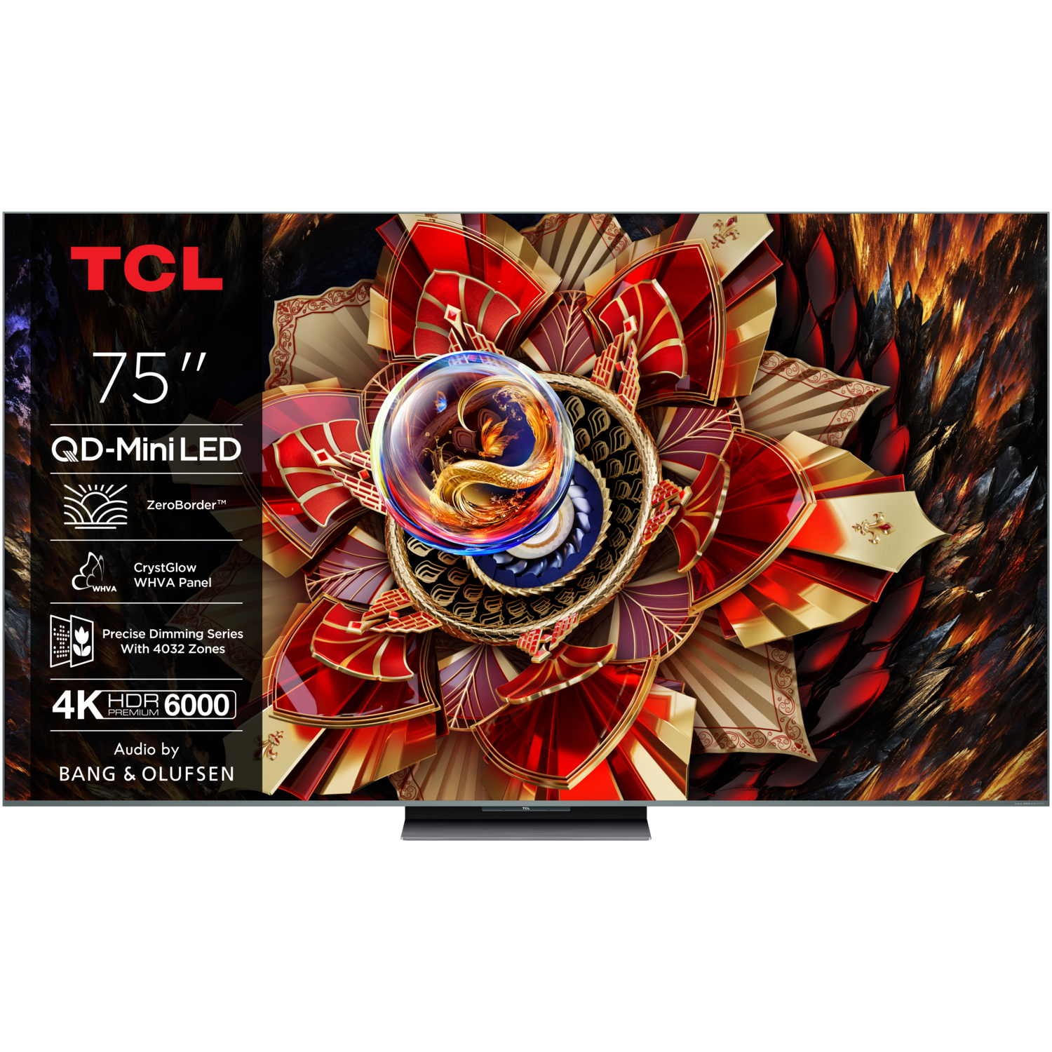 Le téléviseur TCL 75" affiche un graphique coloré avec un dragon dans une sphère de verre. Comprend 4K HDR 6000 et audio de Bang & Olufsen.