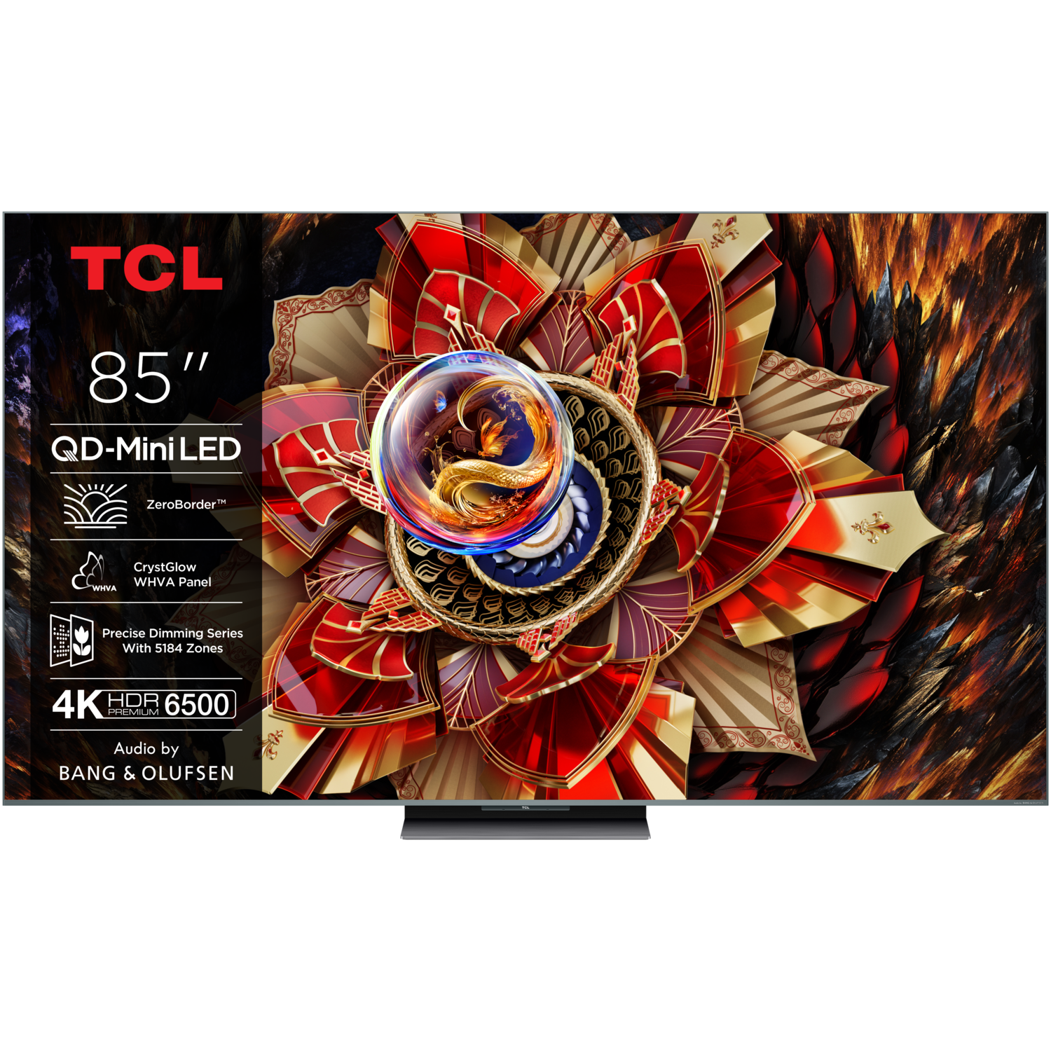 TCL 85" TV. Display toont een kleurrijk abstract ontwerp met gouden, rode en bruine elementen. Kenmerken zijn 4K HDR en audio van Bang & Olufsen.
