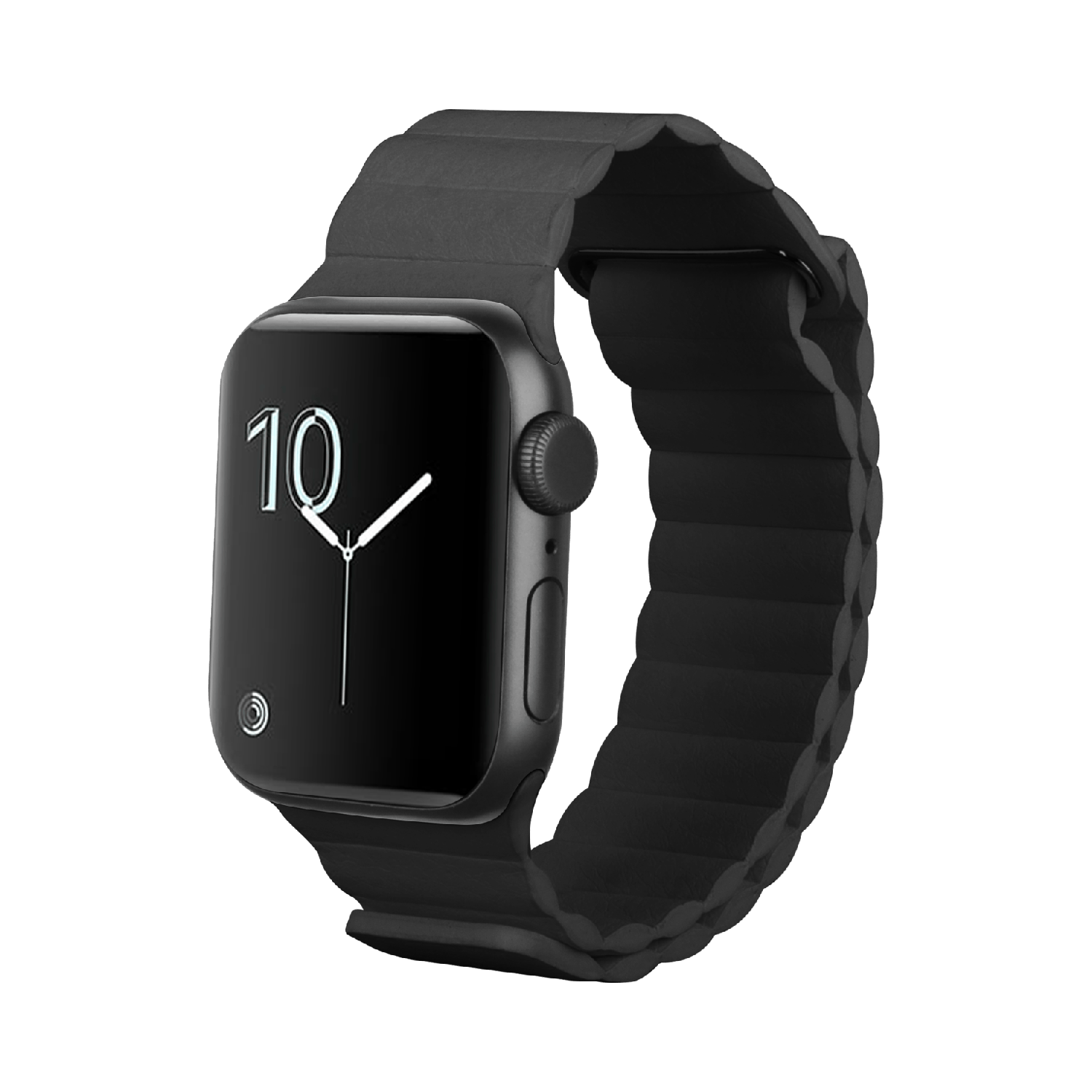 Een zwarte Apple Watch met een zwarte band. De wijzerplaat toont het nummer 10, een kleine cirkel en de tijd.