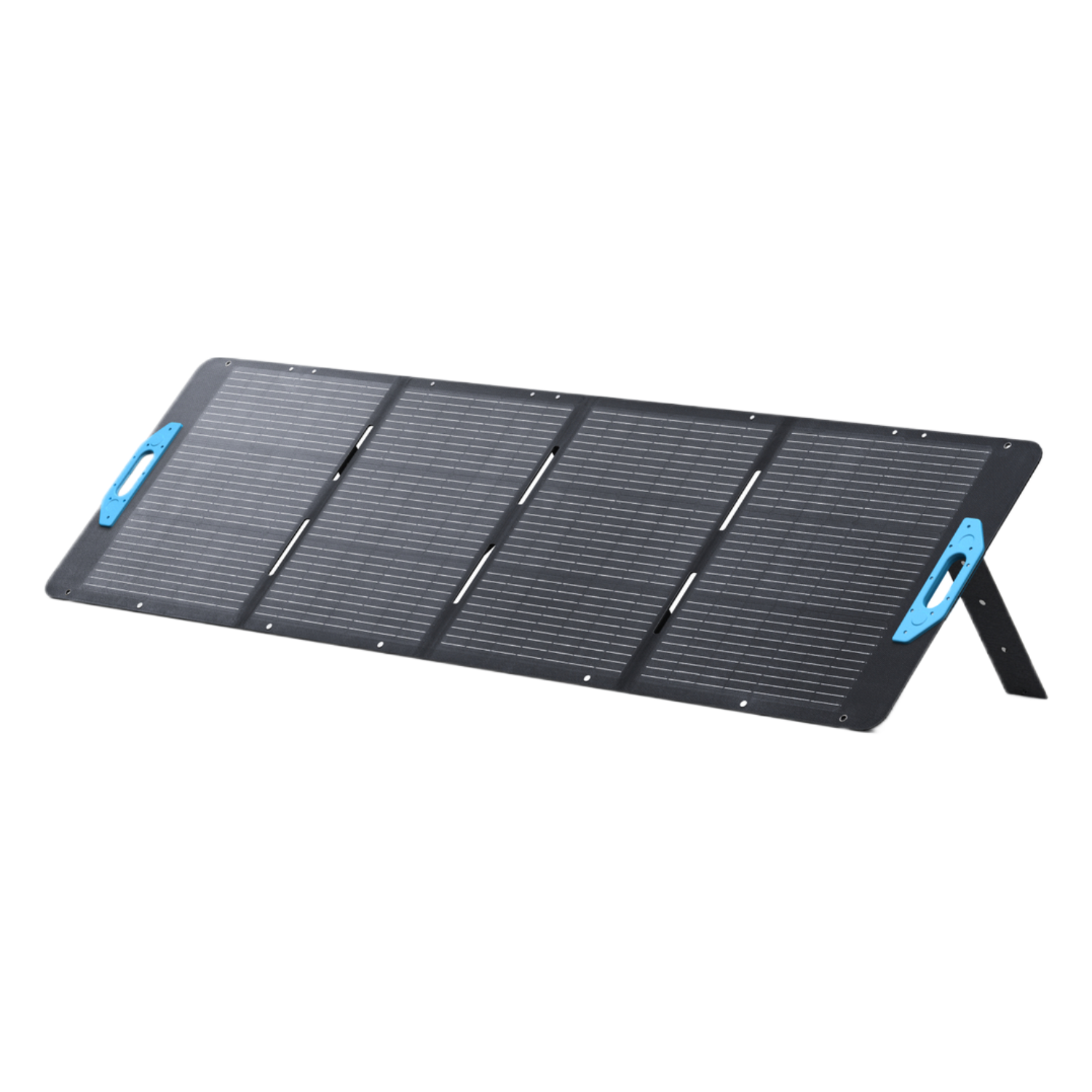 Un panneau solaire pliable, noir avec poignées bleues, sur fond noir. Il comporte quatre panneaux et un pied de support.