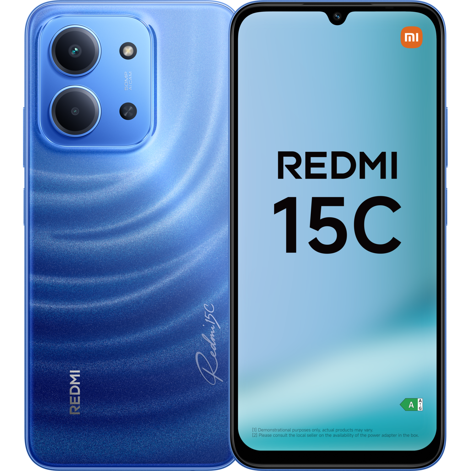 Blauwe Redmi 15C telefoon, achteraanzicht met camera, vooraanzicht met scherm en Redmi 15C logo.