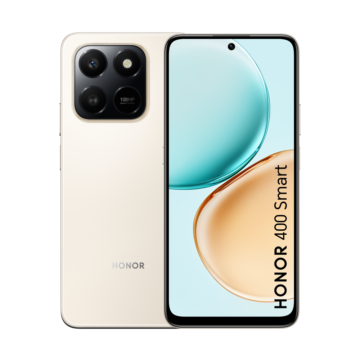 Gouden Honor 400 Smart telefoon, met voor- en achterkant. De achterkant heeft cameralenzen en het Honor-logo. Het scherm toont een blauw-bruine gradiënt.