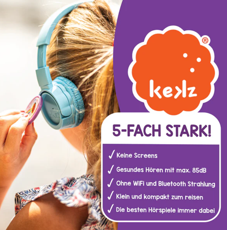 Ein Kind mit hellblauen Kopfhörern hält eine bunte Scheibe. Das Bild enthält Text: 'ke<gt/>lz' und '5-FACH STARK!'.