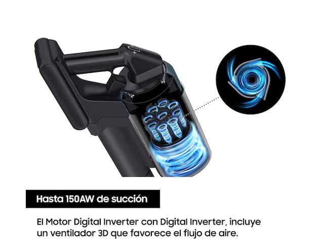 Aspiradora negra con contenedor transparente que muestra componentes internos azules. Un diagrama circular ilustra el flujo de aire.