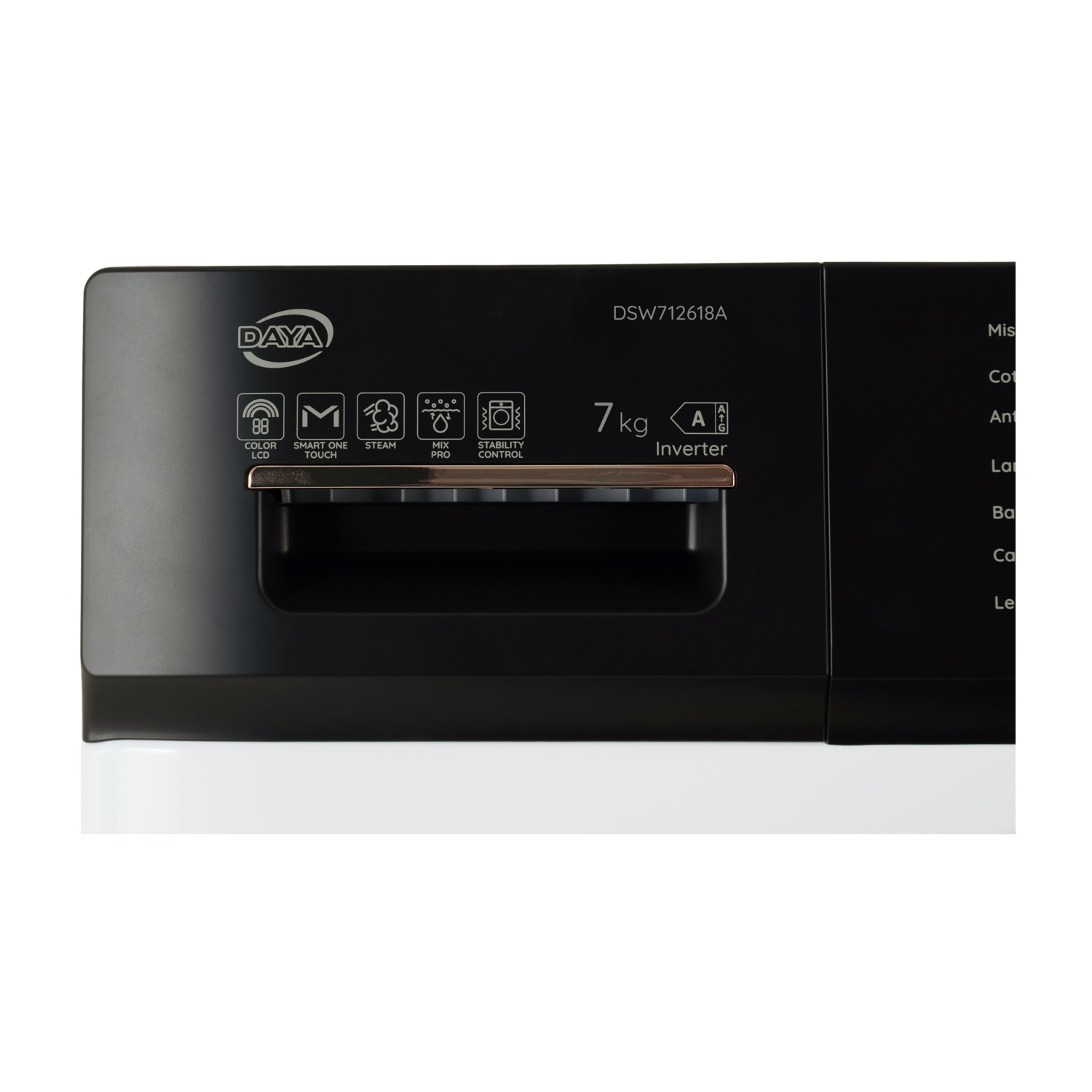 Una lavatrice nera con parte inferiore bianca. Ha diverse icone e testi come 'DAYA', '7 kg' e 'Inverter'.