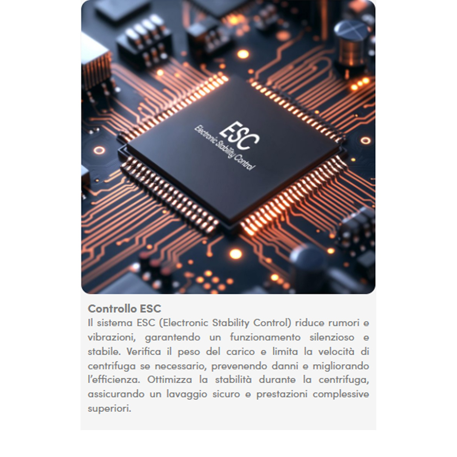 Primo piano di un circuito stampato con un chip ESC centrale. Il chip è etichettato 'Electronic Stability Control'.