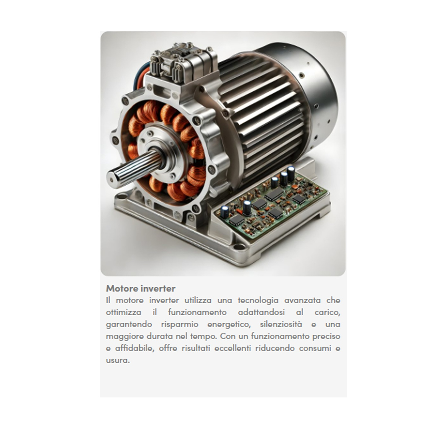 Immagine dettagliata di un motore inverter, che mostra i suoi componenti metallici, gli avvolgimenti in rame e il circuito stampato.
