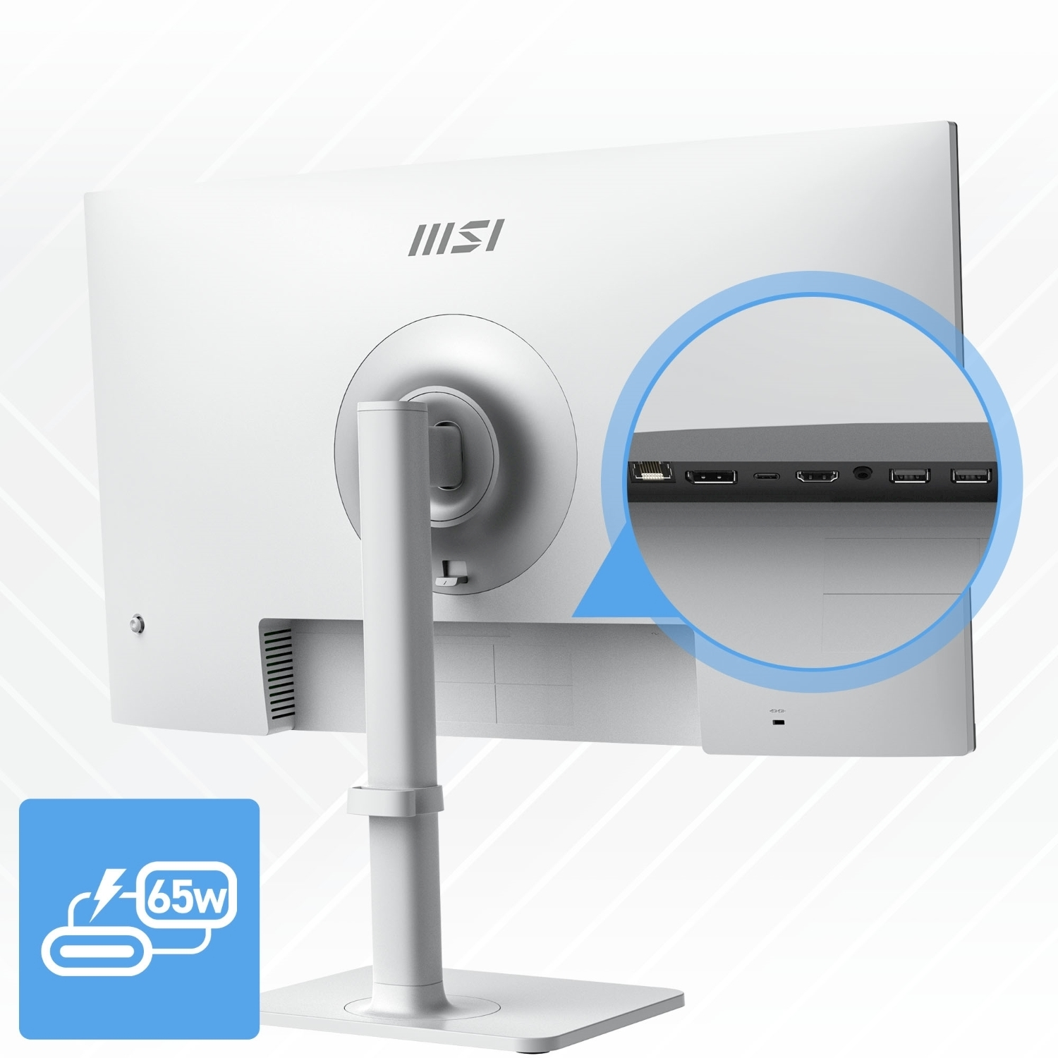 Vista posteriore del monitor MSI bianco. Porte dettagliate in un cerchio. La casella blu mostra 65w con simbolo di alimentazione.