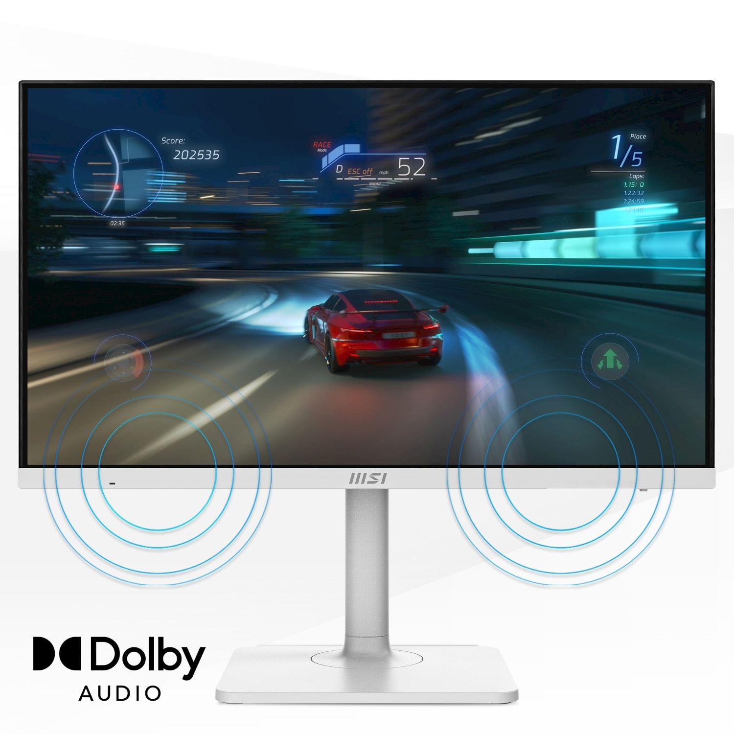 Un gioco di corse su un monitor. Un'auto rossa corre su strada. Il monitor è su un supporto con il logo Dolby Audio.